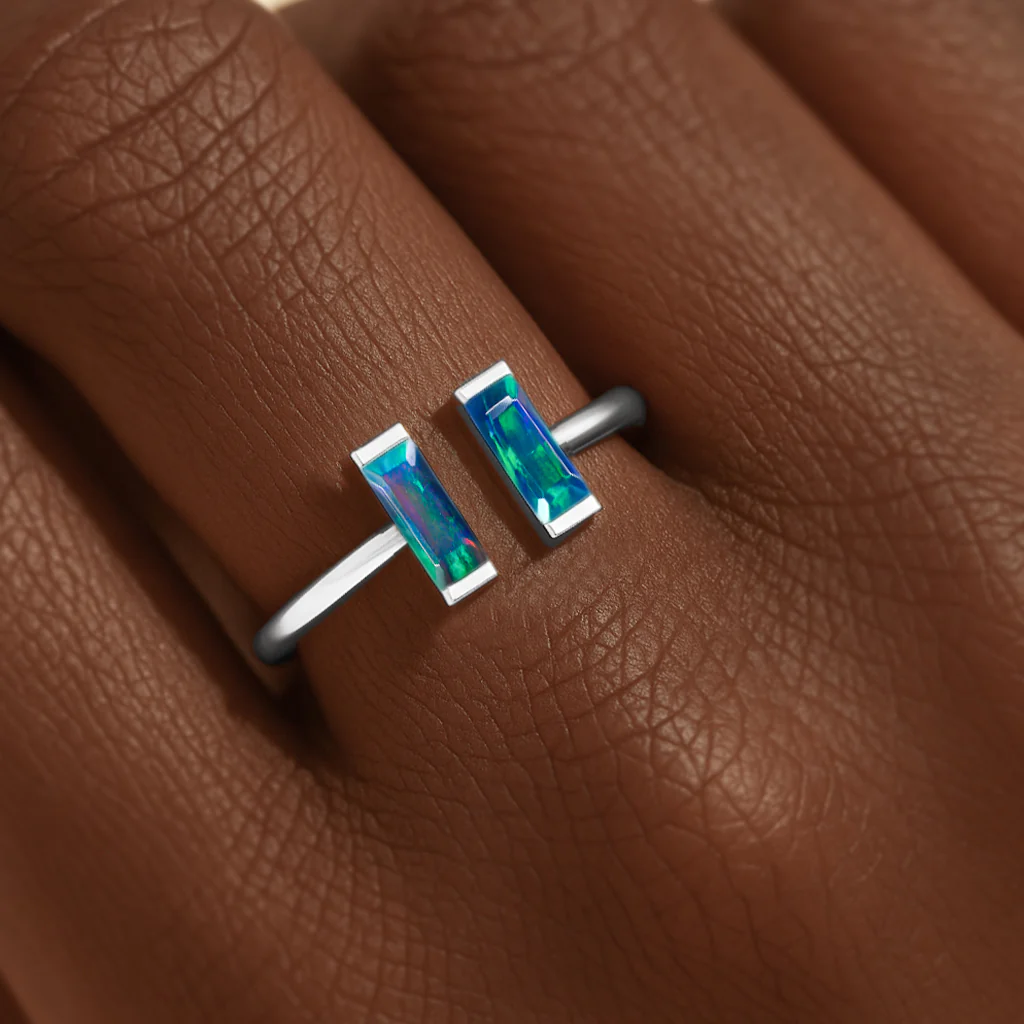 Natural Black Opal Baguette Open Ring in 925 Sterling Silver 5x2mm 0.50ct - Image 3