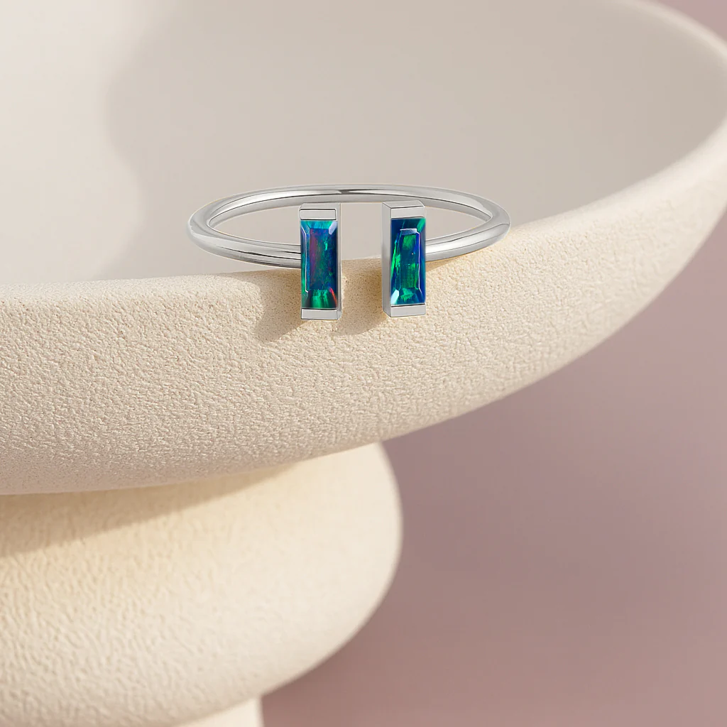 Natural Black Opal Baguette Open Ring in 925 Sterling Silver 5x2mm 0.50ct - Image 4