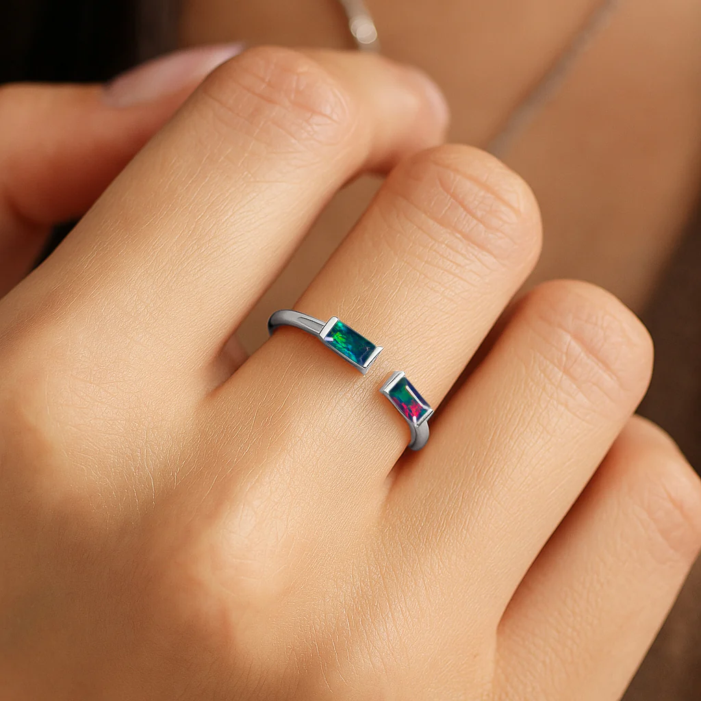 Natural Black Opal Baguette Open Ring in 925 Sterling Silver 5x2mm 0.50ct - Image 12