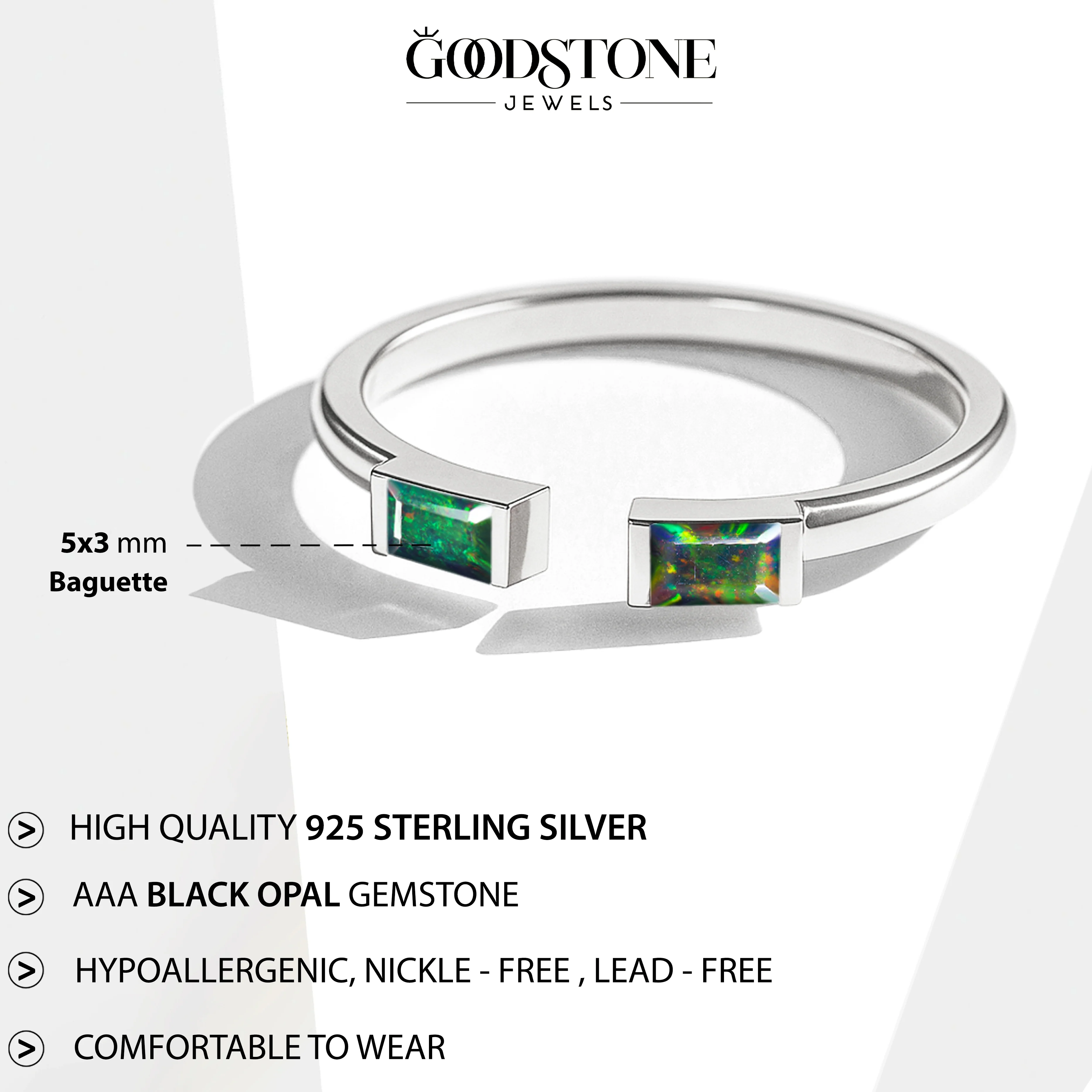 Natural Black Opal Baguette Open Ring in 925 Sterling Silver 5x2mm 0.50ct - Image 5
