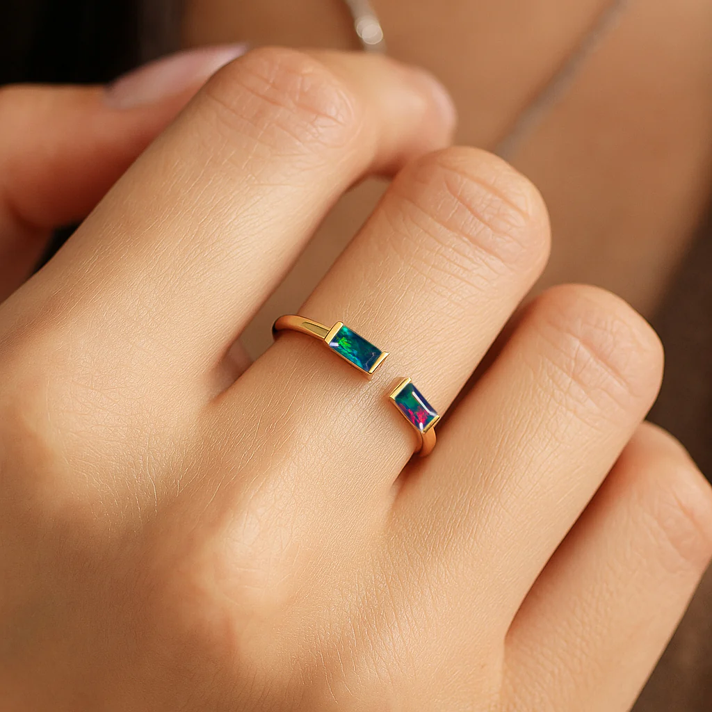 Natural Black Opal Baguette Open Ring in 925 Sterling Silver 5x2mm 0.50ct - Image 7