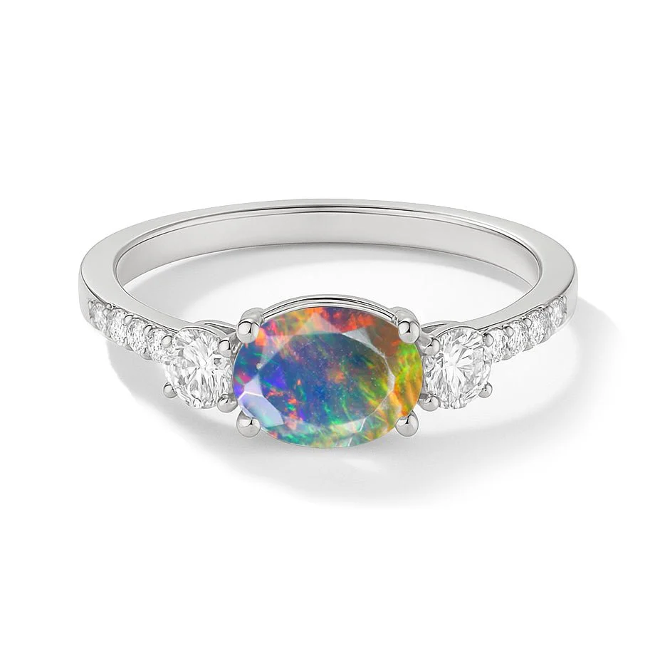 Natural Black Opal Birthstone Three Stone Ring with Cubic Zirconia