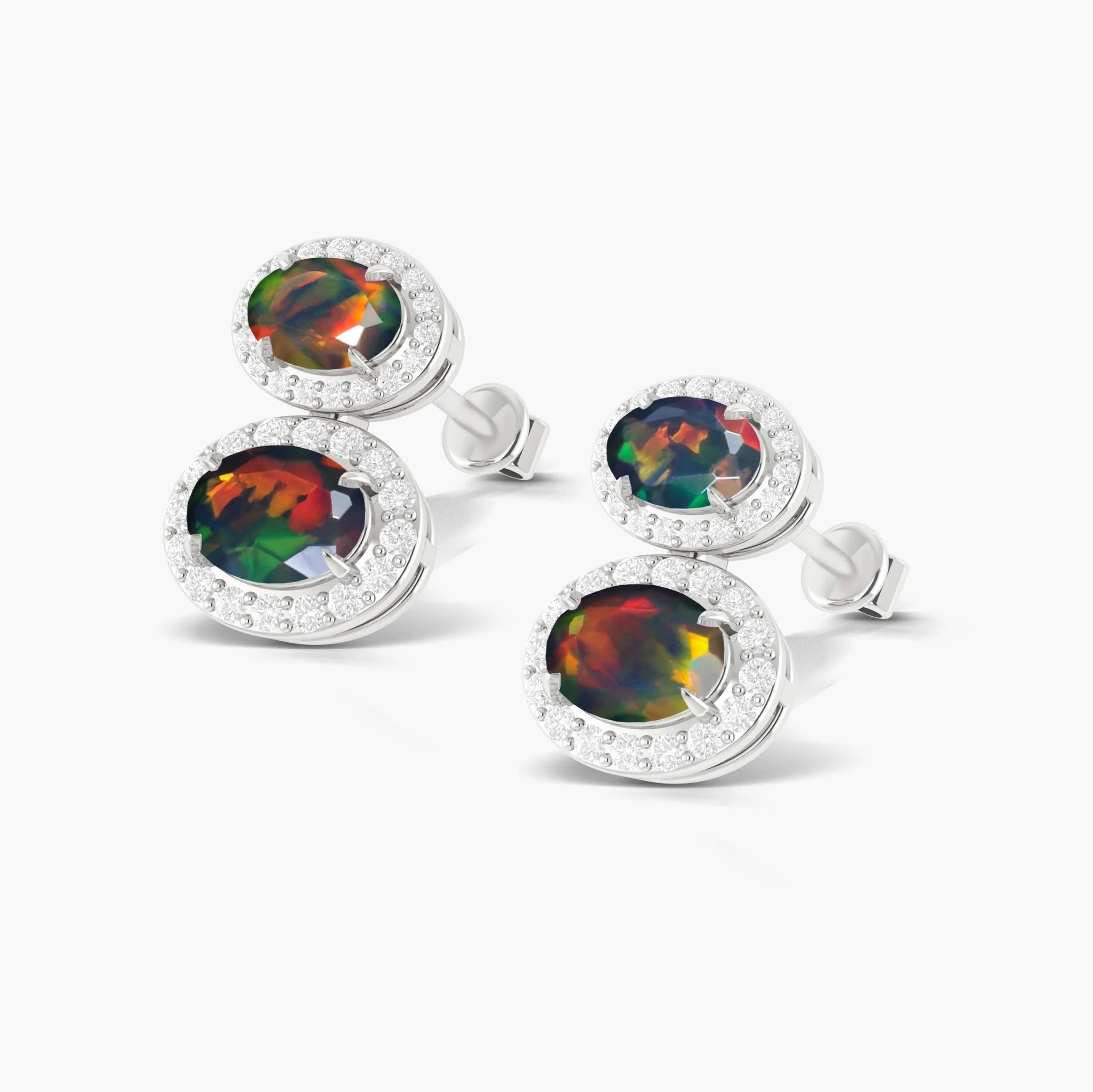 Natural Black Opal Dual Stone Halo Stud Earrings - Image 4