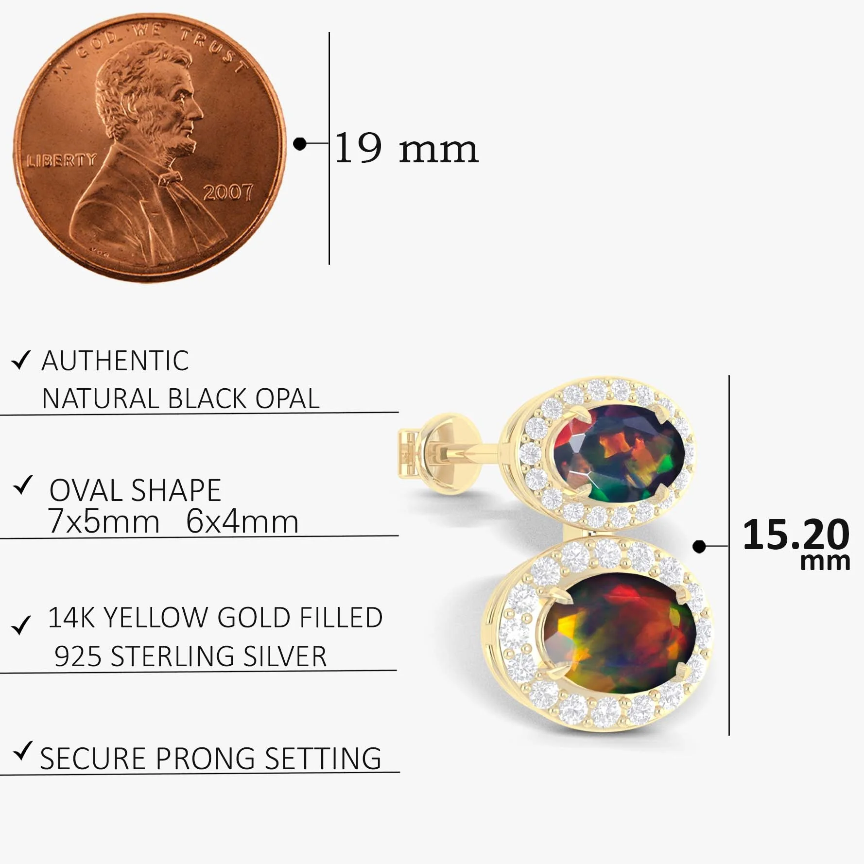 Natural Black Opal Dual Stone Halo Stud Earrings - Image 5