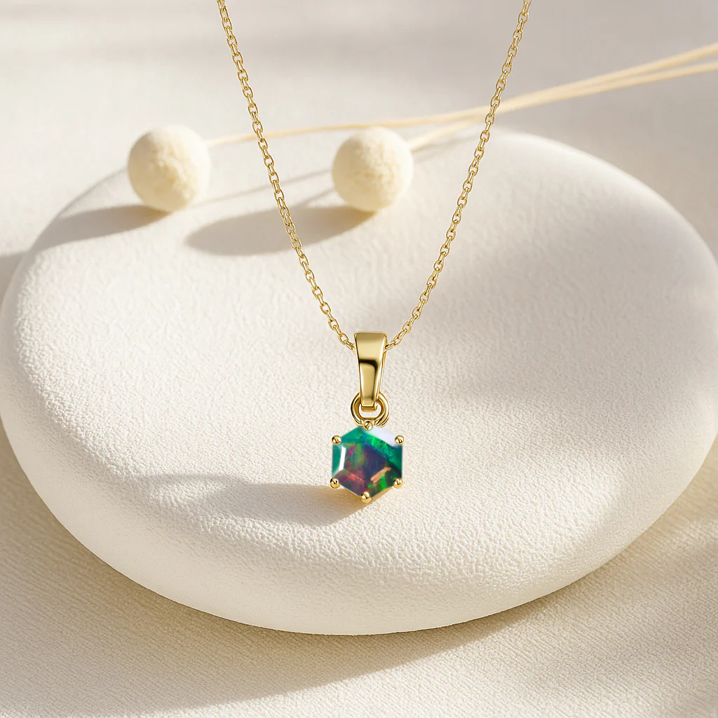 Natural Black Opal Hexagon Solitaire Pendant Necklace in 925 Sterling Silver 1.20ct - Image 3
