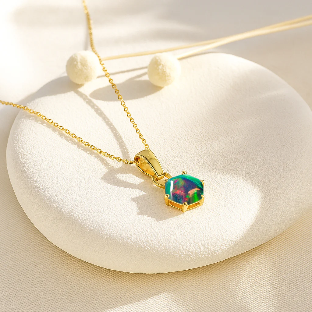 Natural Black Opal Hexagon Solitaire Pendant Necklace in 925 Sterling Silver 1.20ct - Image 6