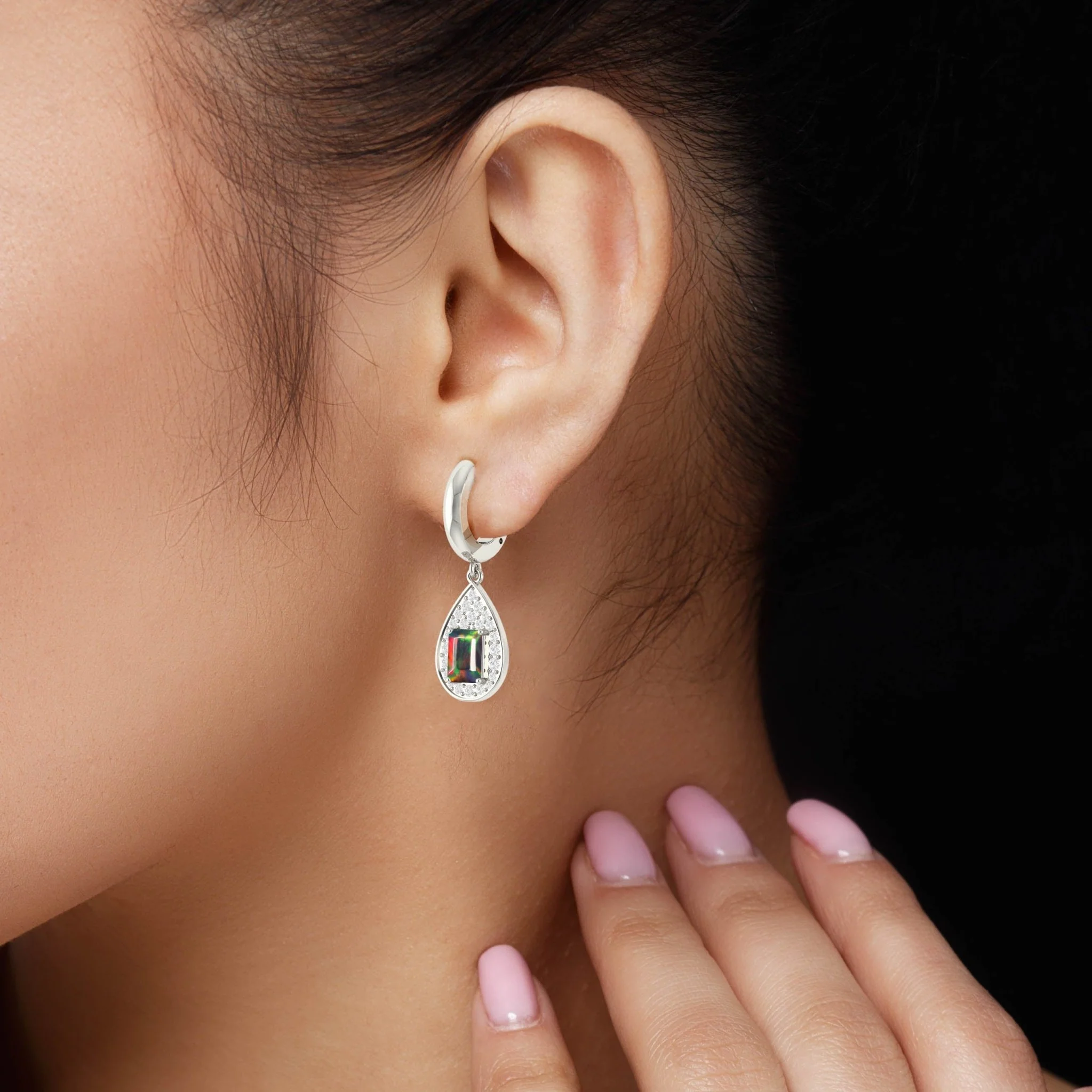 Natural Black Opal Hoop Tear Drop Earrings - Image 3
