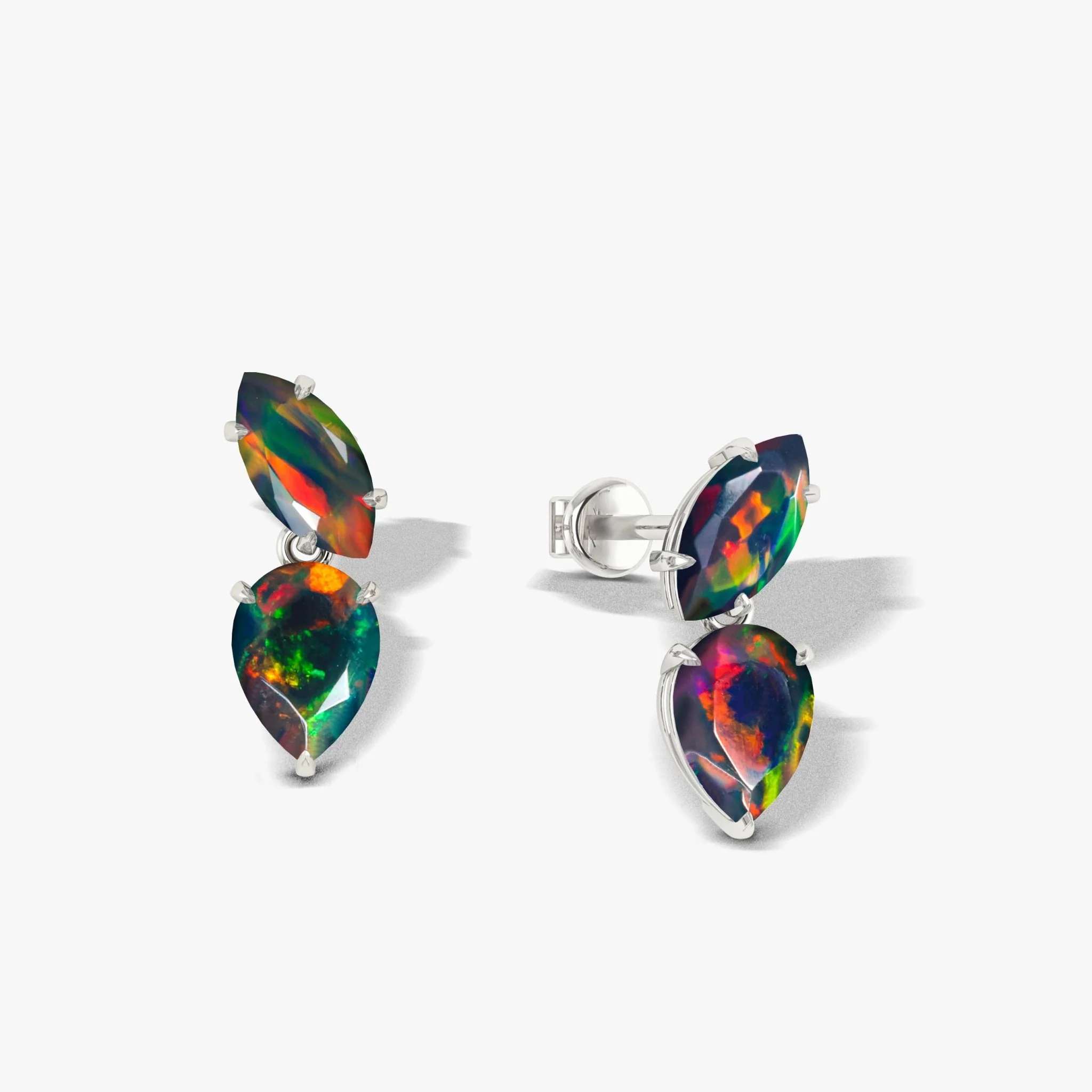 Natural Black Opal Marquise & Pear Two Stone Stud Earrings
