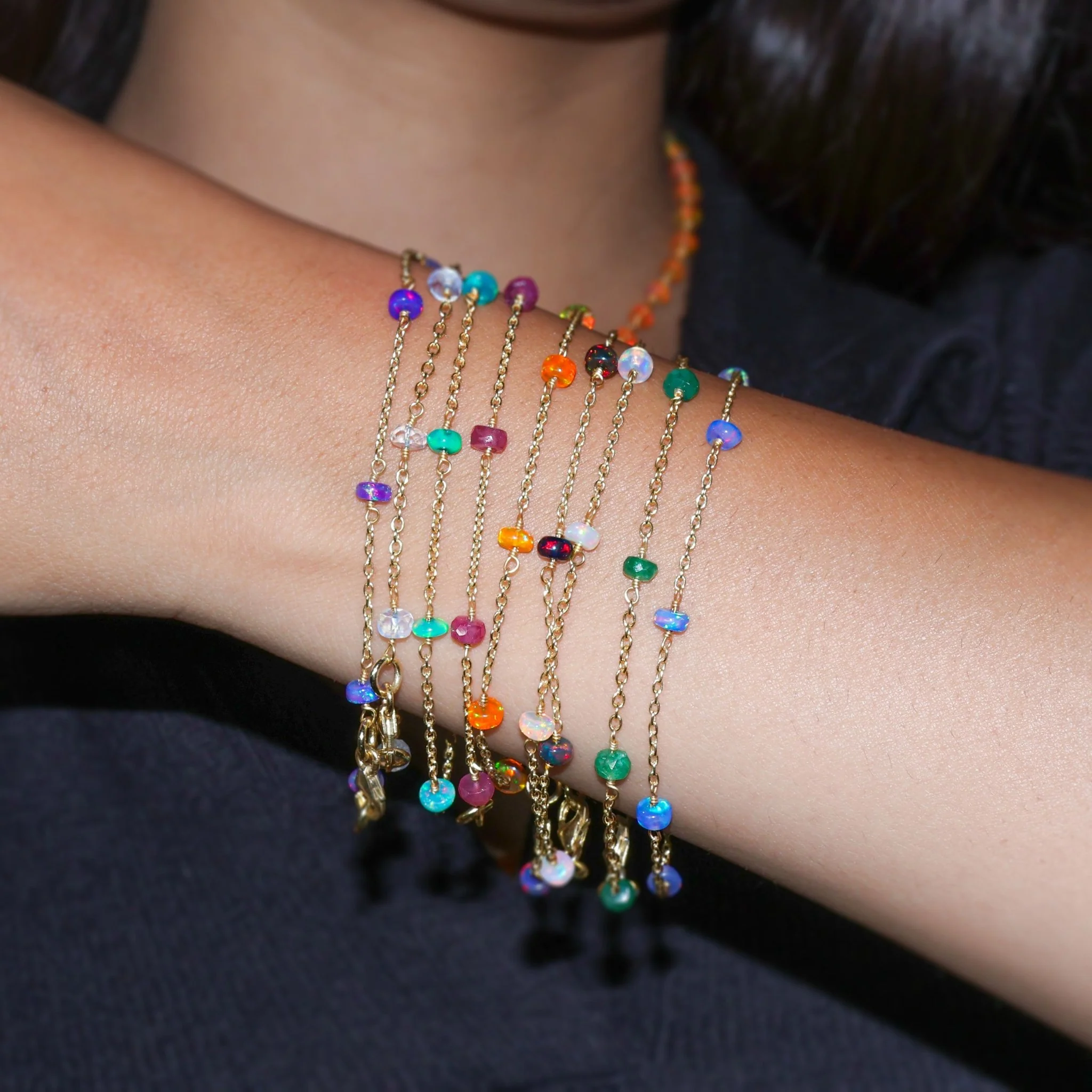 Natural Black Opal Rondelle Minimalist Chain Beaded Bracelet - Image 4
