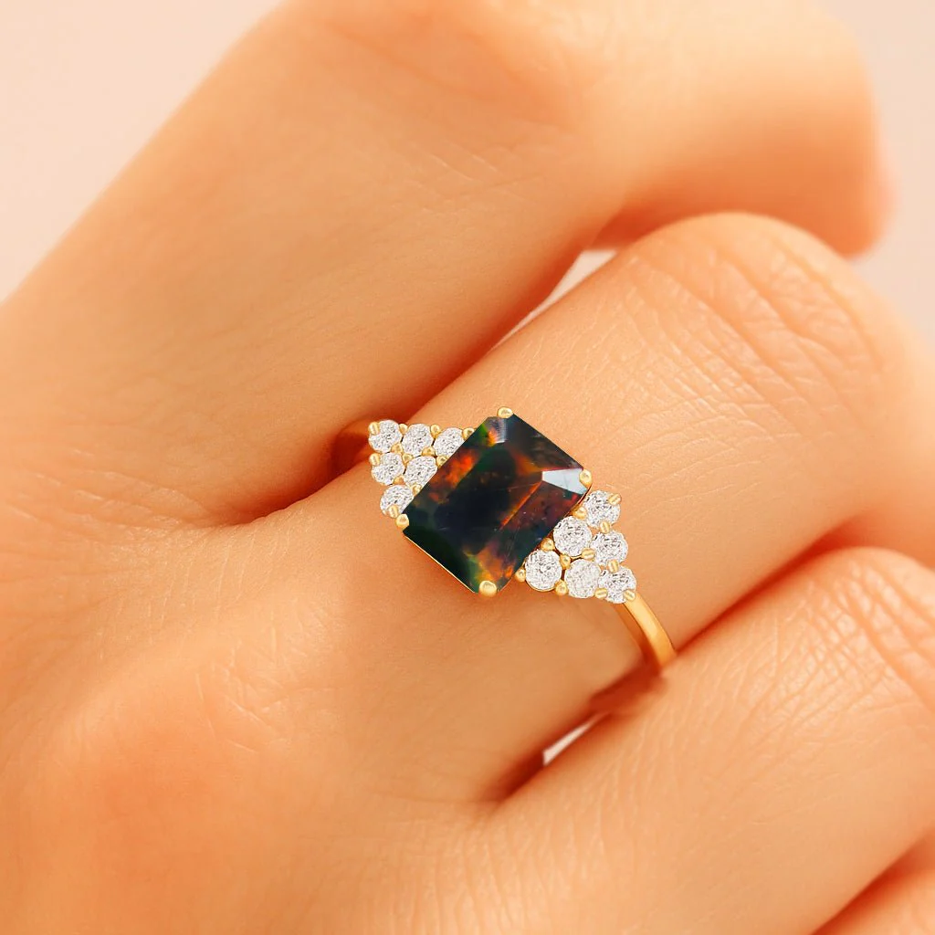Natural Black Opal Solitaire Ring in Silver & Gold - Image 2