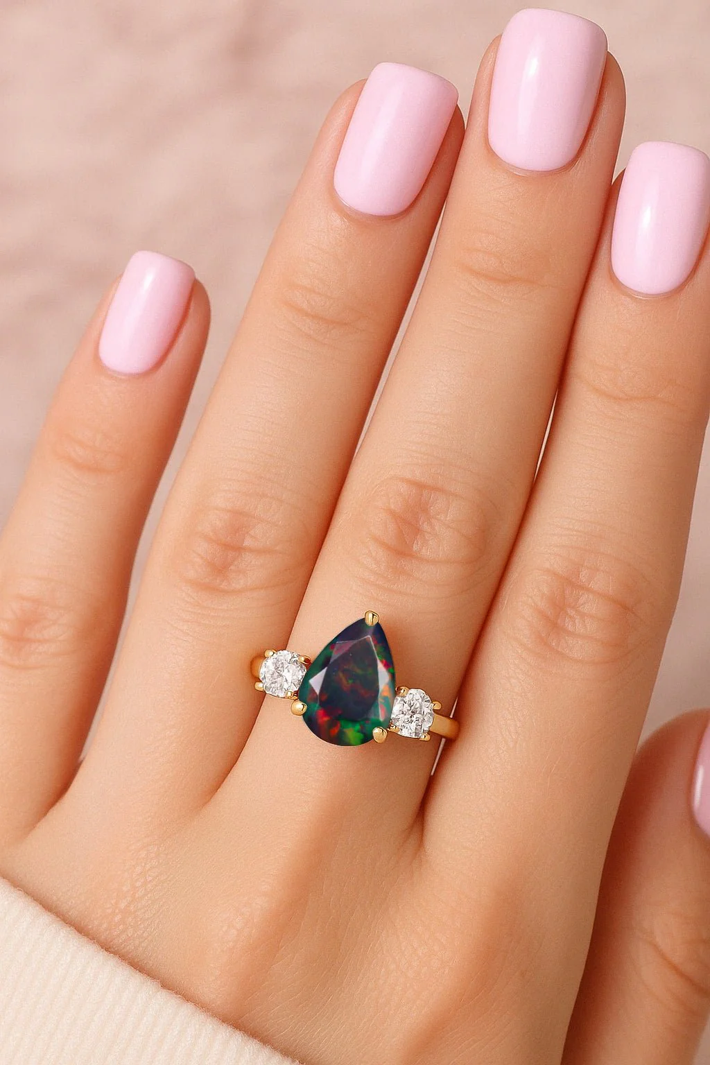 Natural Black Opal Three Stone Statement Ring with Zircon Stones - Image 2