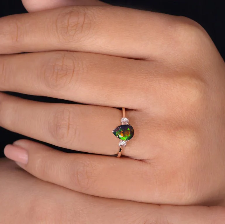 Natural Black Opal Three Stone Statement Ring with Zircon Stones - Image 6