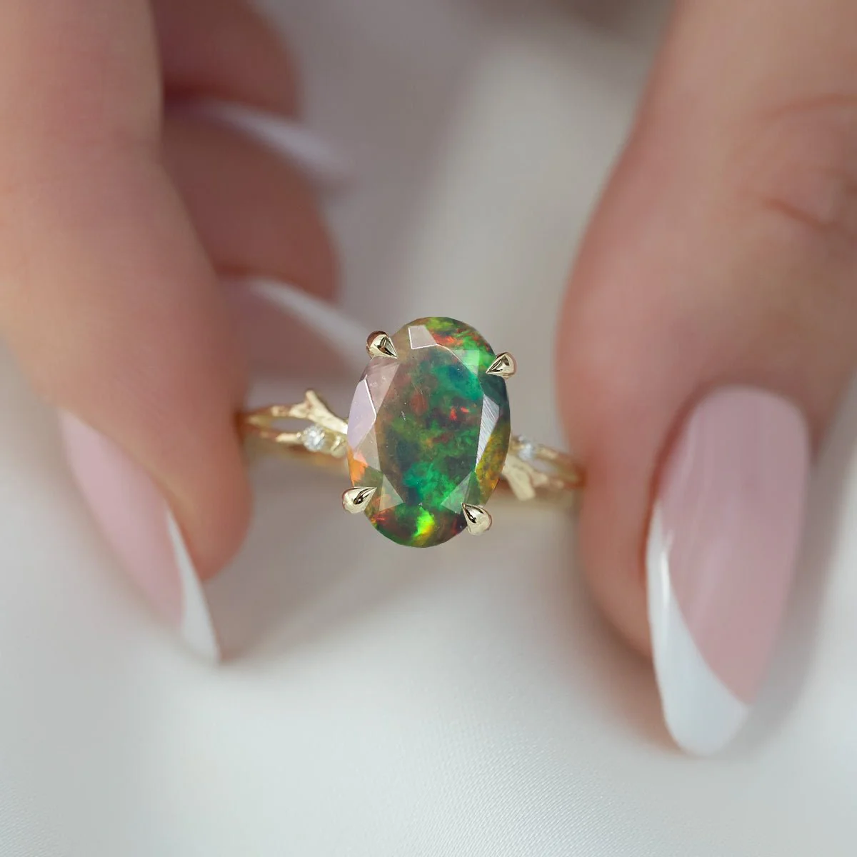 Natural Black Opal with Side Stone Crossover Solitaire Ring - Image 4