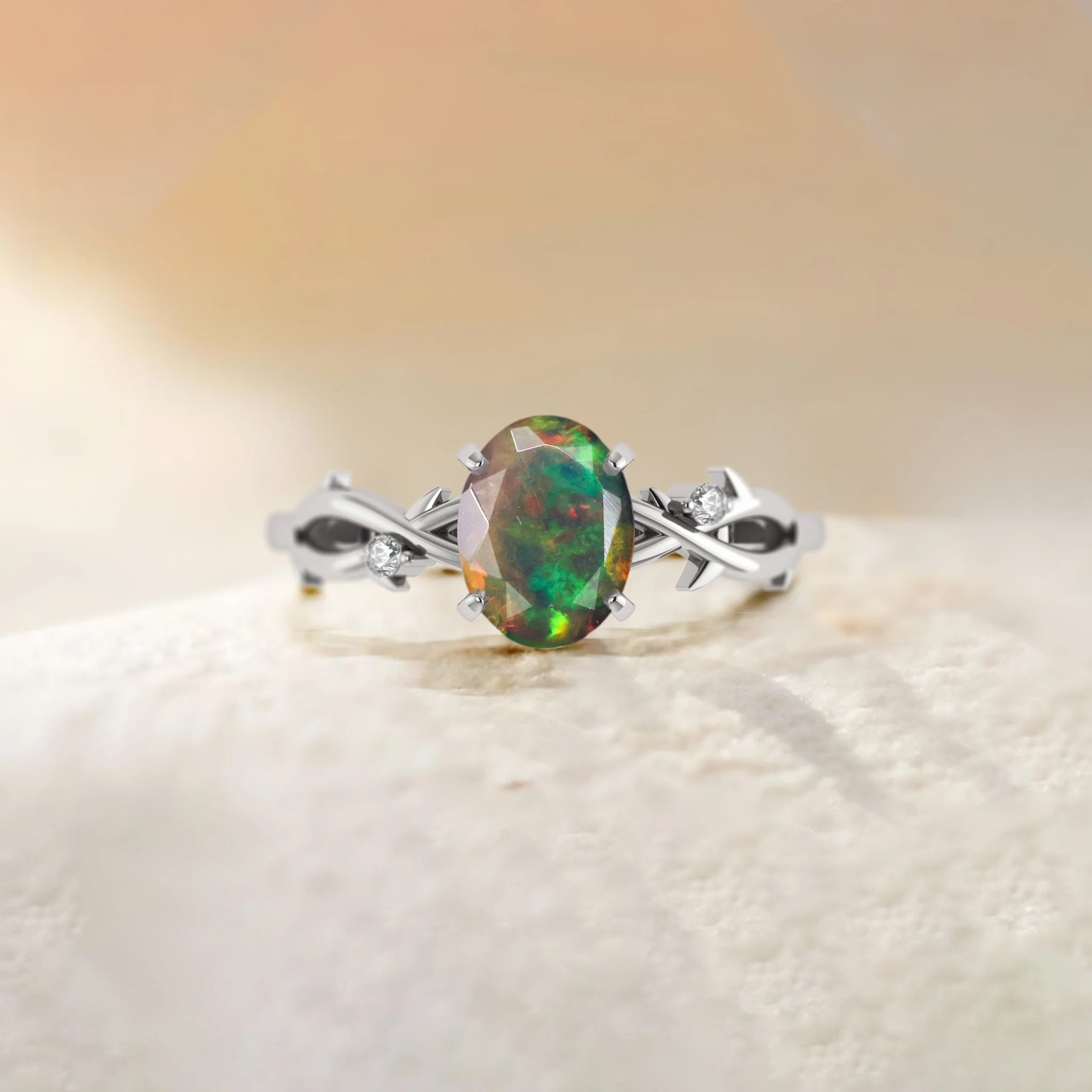 Natural Black Opal with Side Stone Crossover Solitaire Ring - Image 5