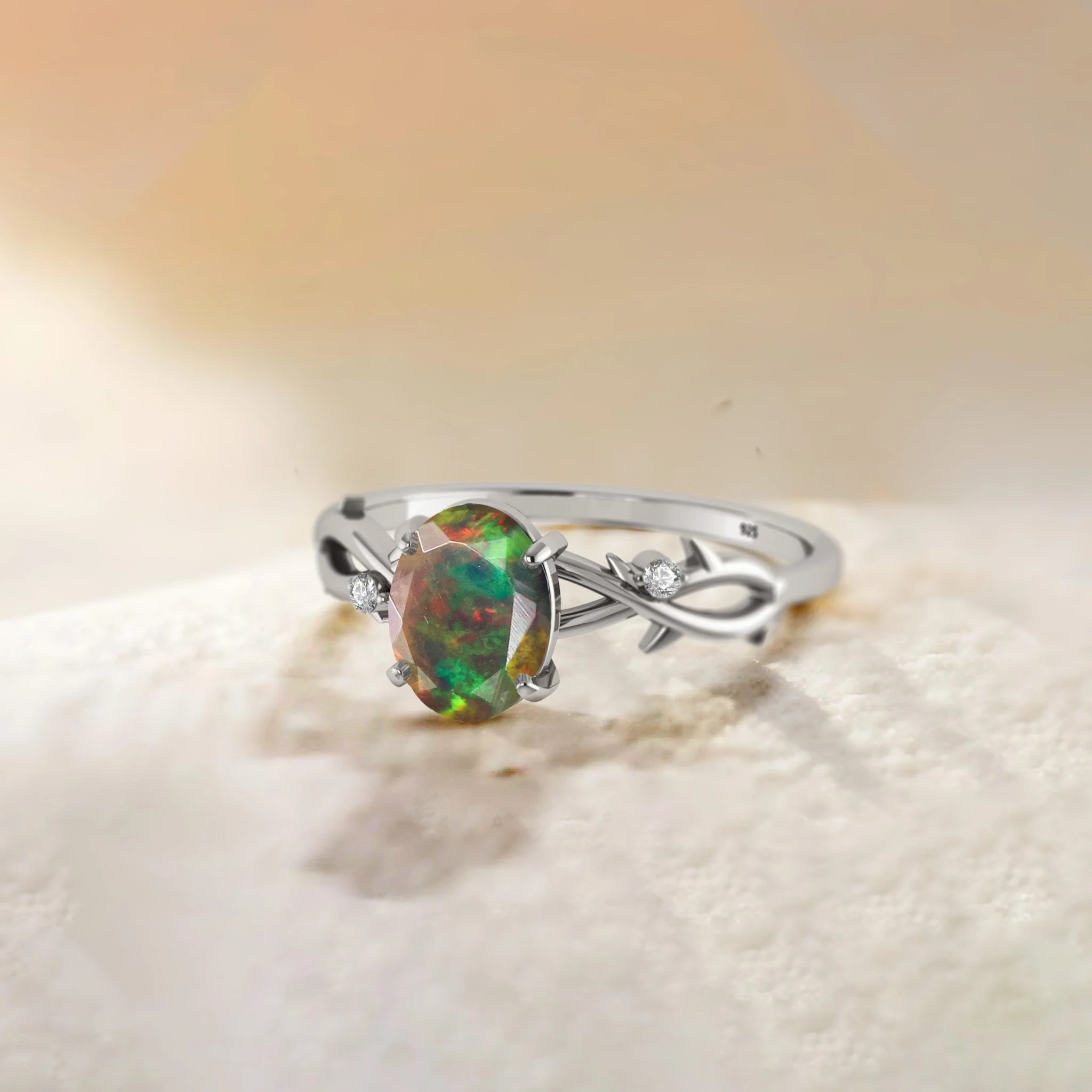 Natural Black Opal with Side Stone Crossover Solitaire Ring - Image 7