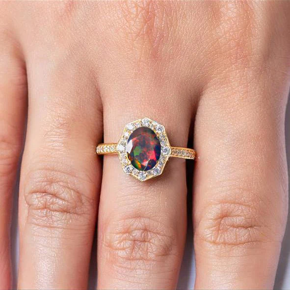 Natural Black Opal with White Zircon Engagement Halo Ring - Image 2