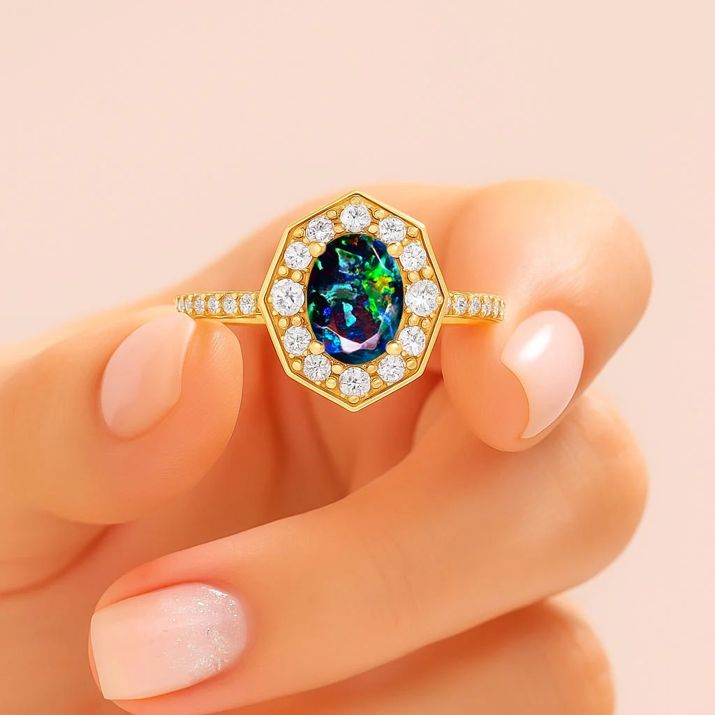 Natural Black Opal with White Zircon Engagement Halo Ring - Image 3