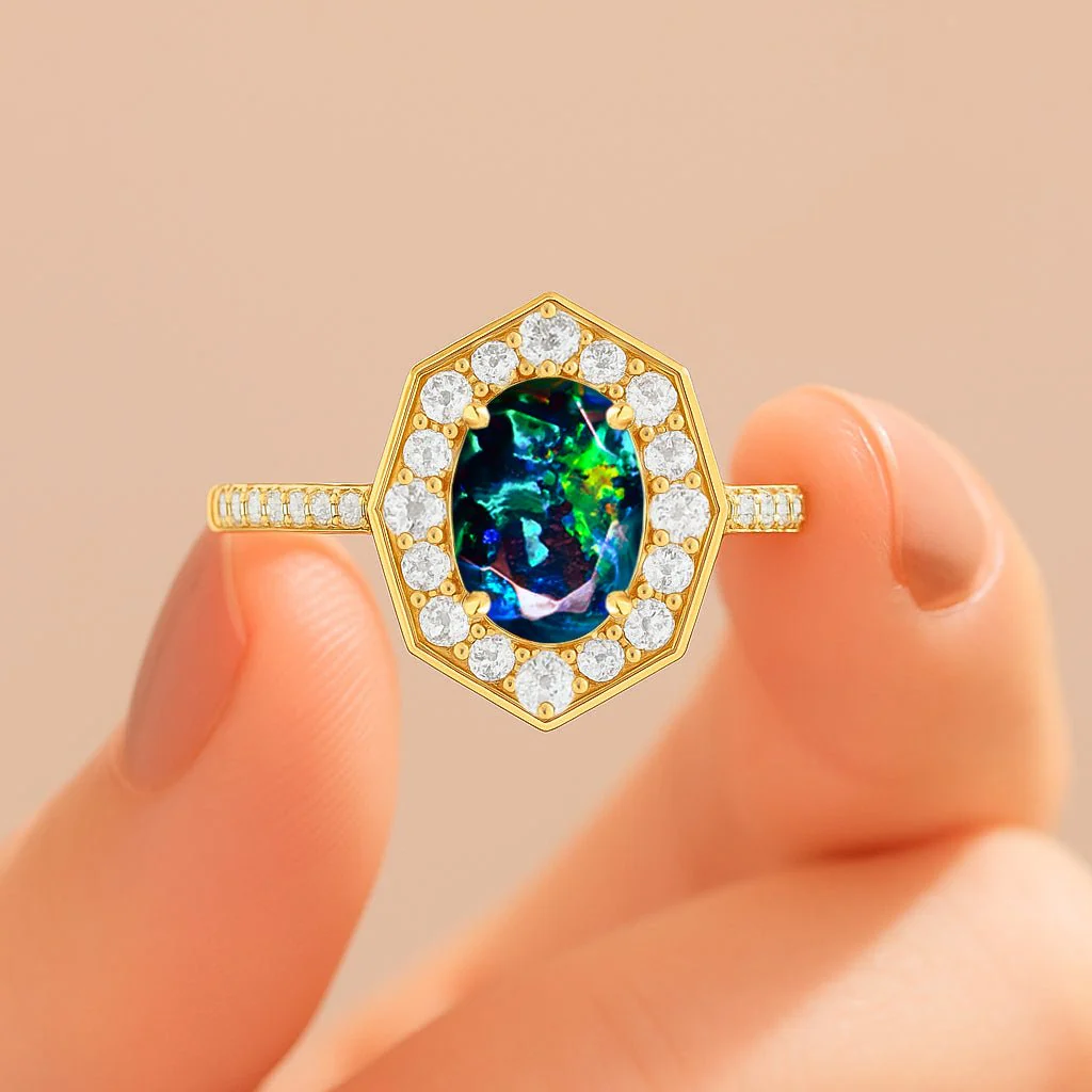 Natural Black Opal with White Zircon Engagement Halo Ring - Image 4