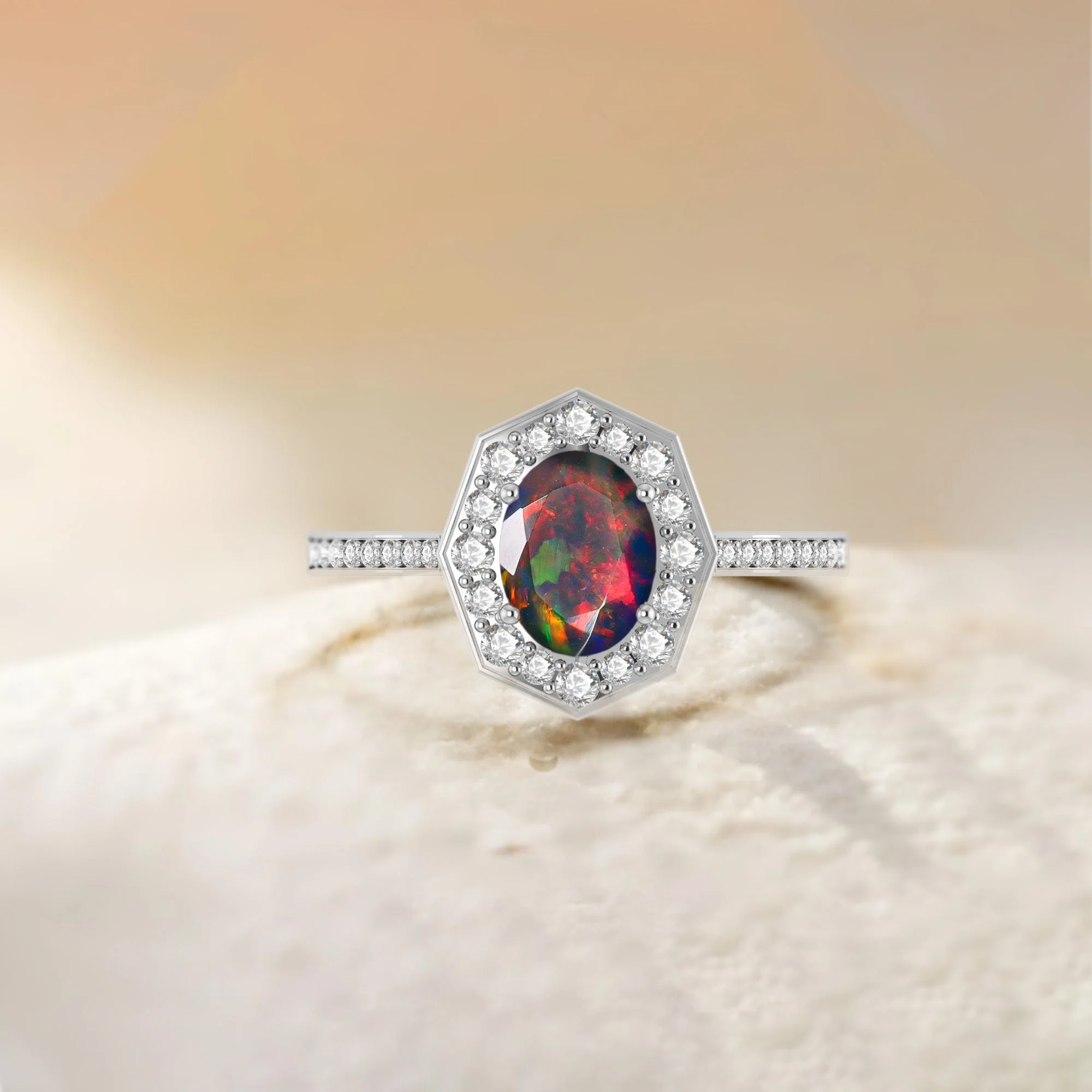 Natural Black Opal with White Zircon Engagement Halo Ring - Image 5
