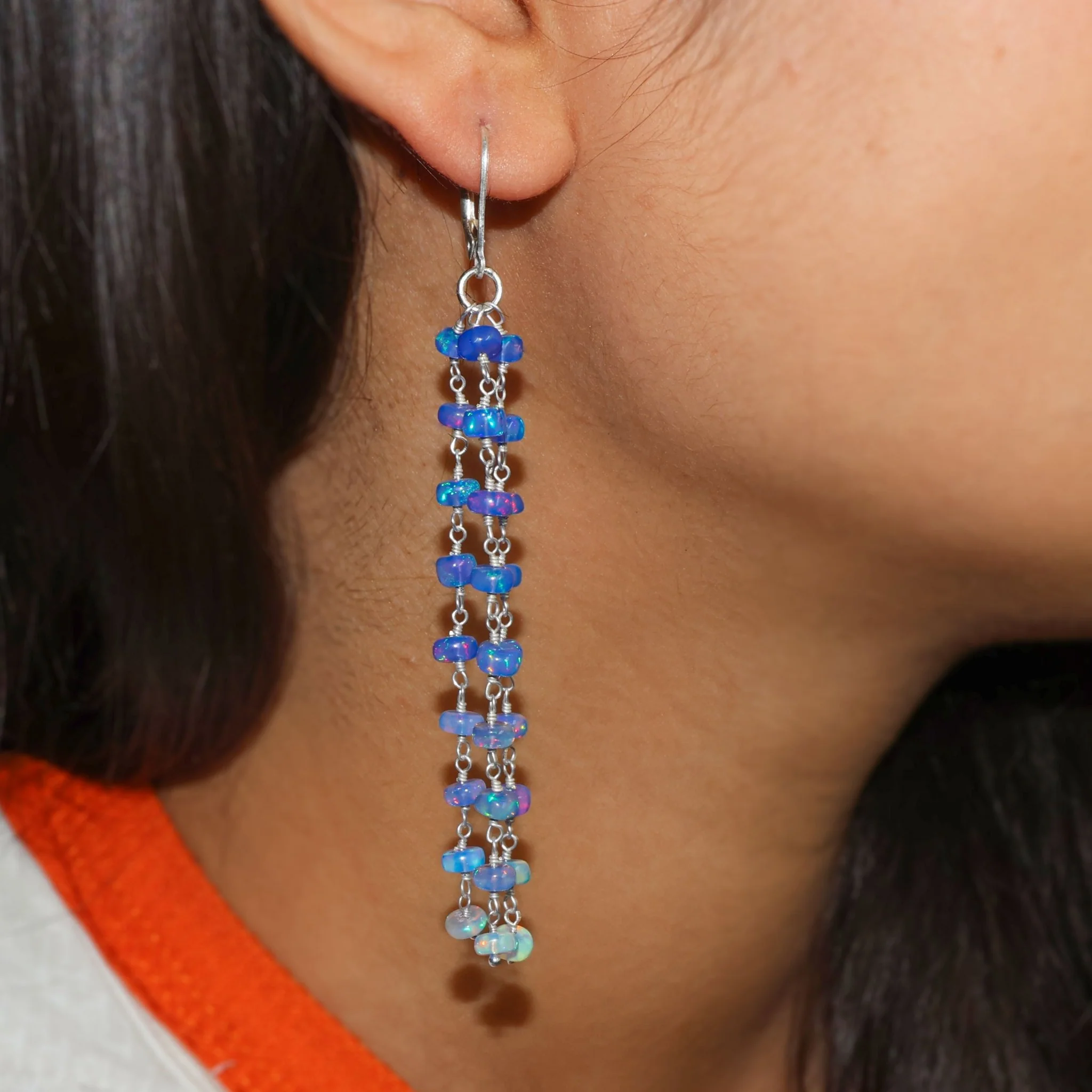 Natural Blue Opal 3 Line Dangle Drop Handmade Earrings - Image 3