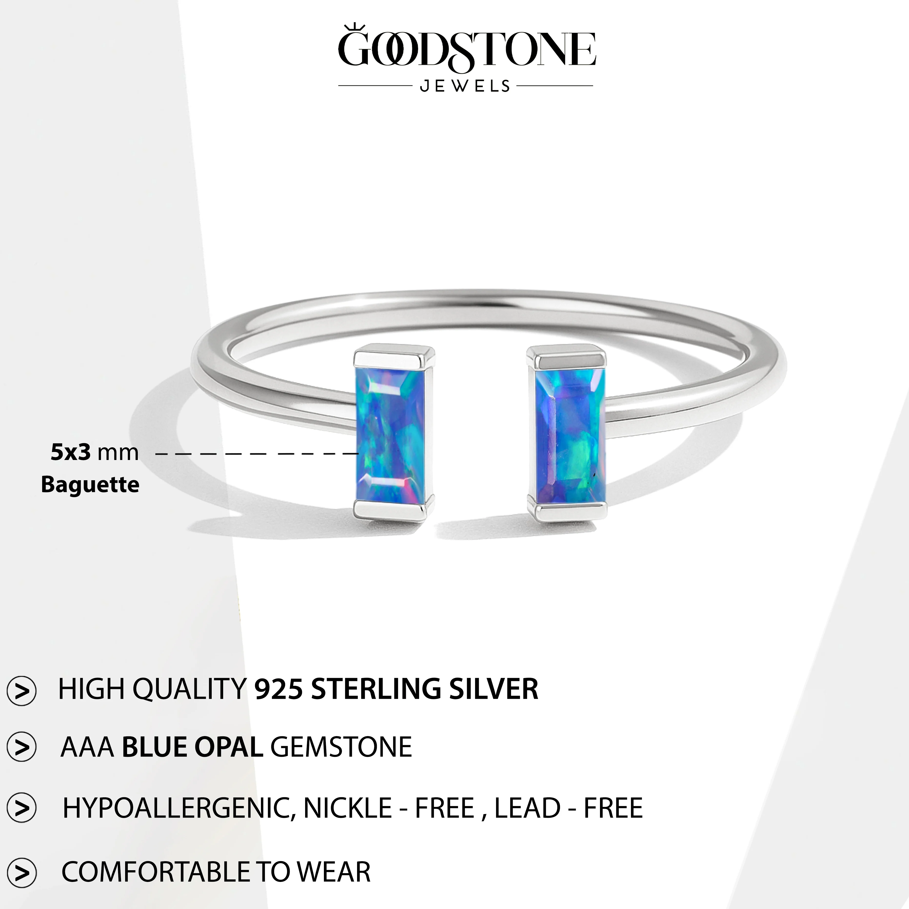 Natural Blue Opal Baguette Open Ring in 925 Sterling Silver 5x2mm 0.50ct - Image 8
