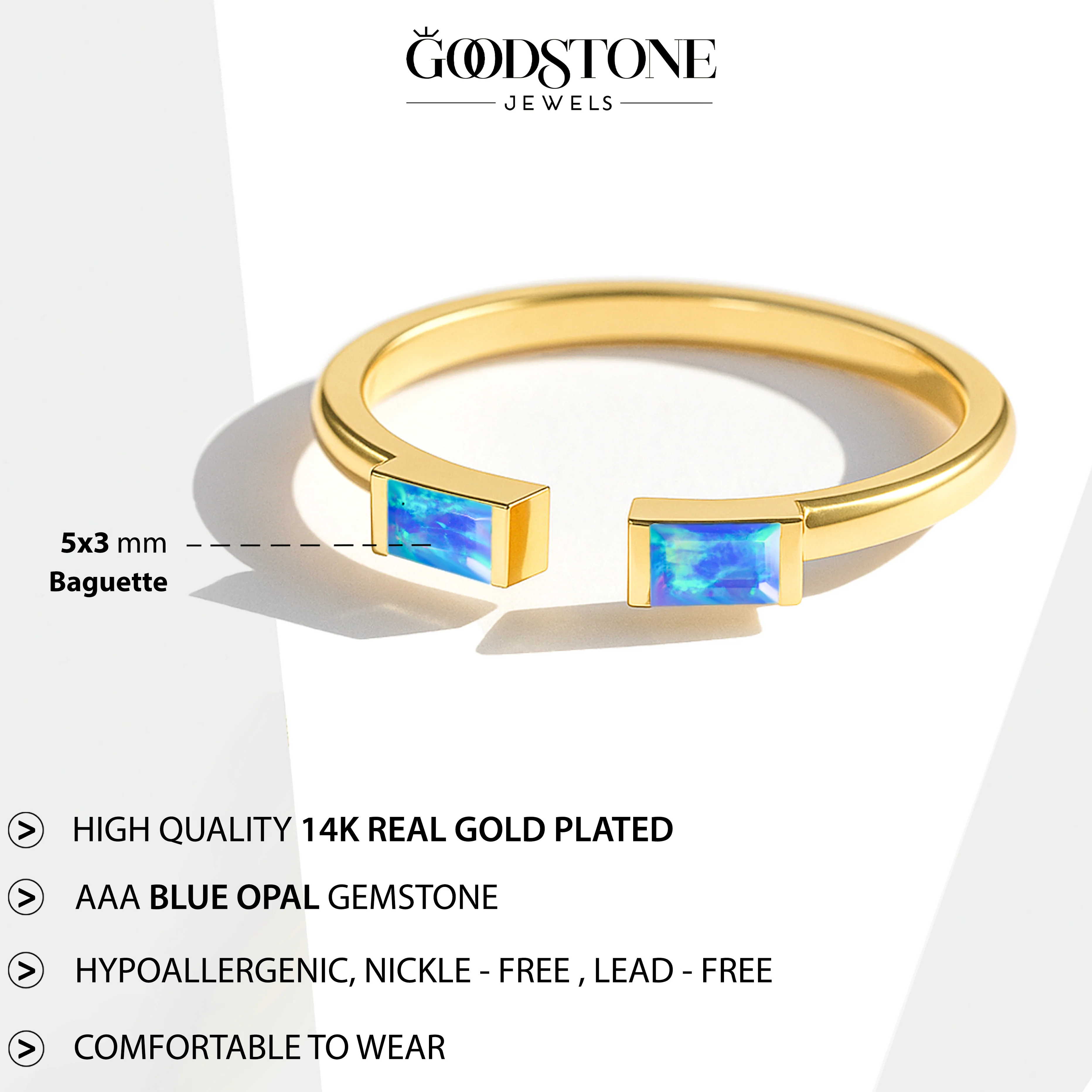 Natural Blue Opal Baguette Open Ring in 925 Sterling Silver 5x2mm 0.50ct - Image 12