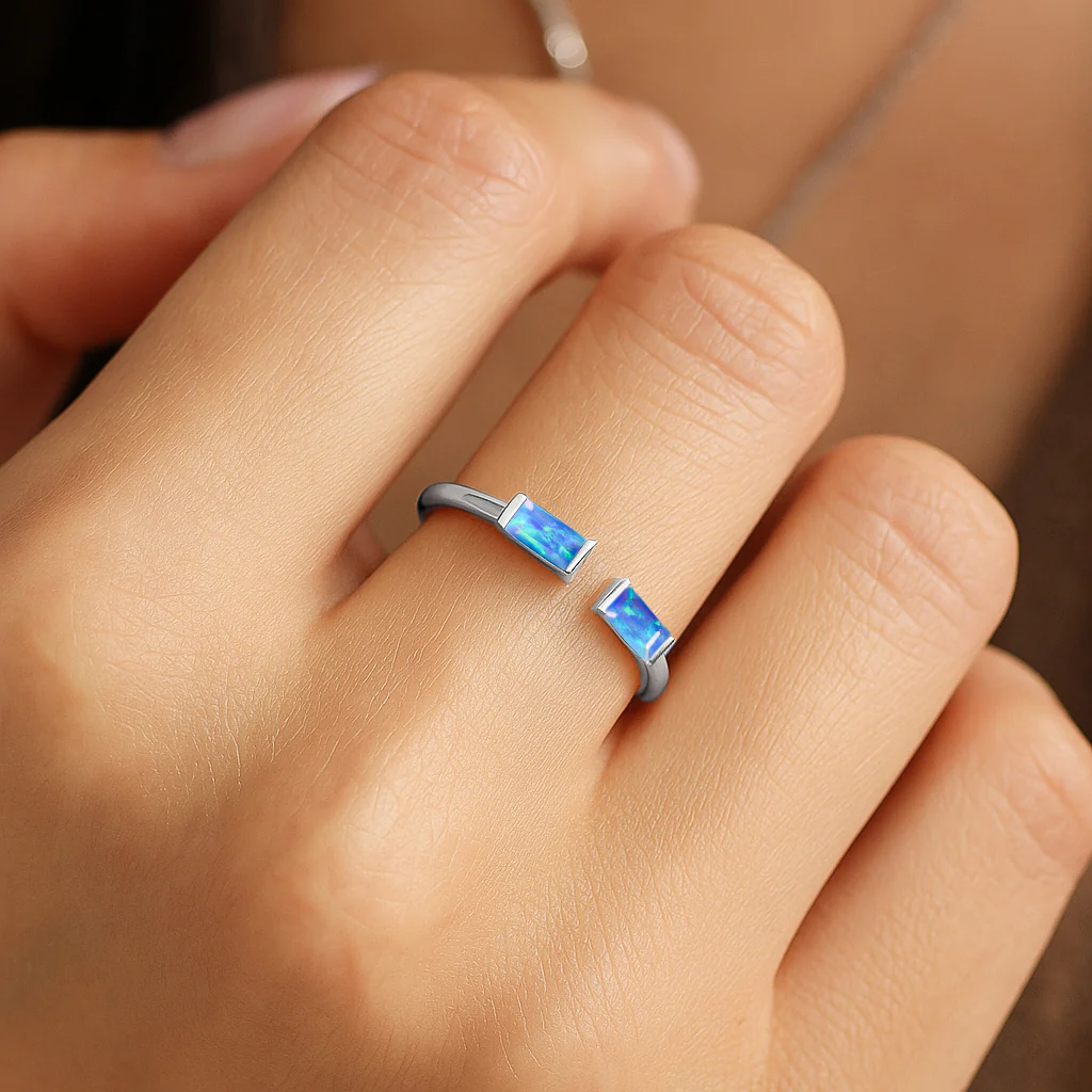Natural Blue Opal Baguette Open Ring in 925 Sterling Silver 5x2mm 0.50ct - Image 2