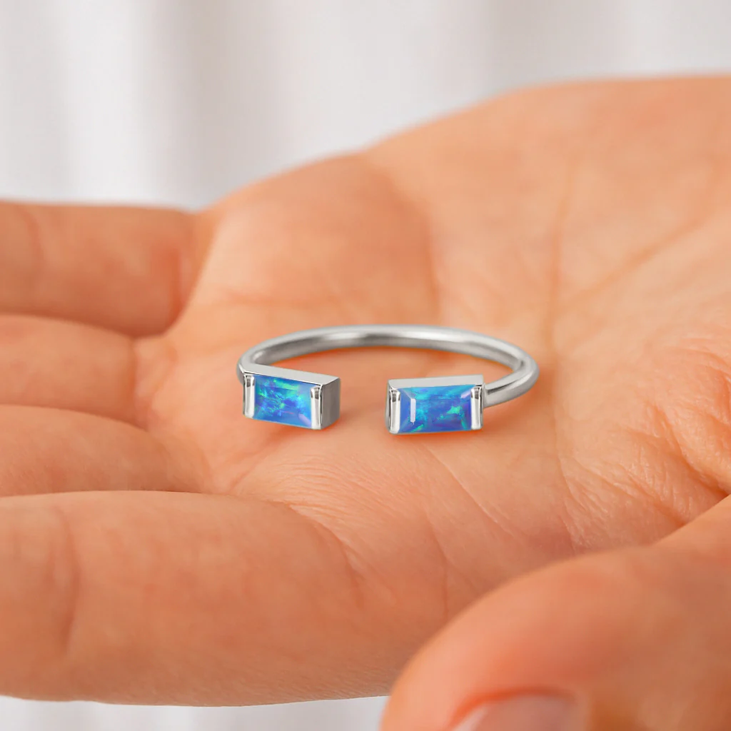 Natural Blue Opal Baguette Open Ring in 925 Sterling Silver 5x2mm 0.50ct - Image 3