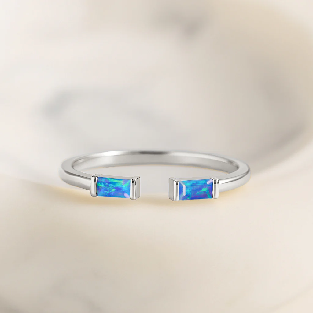 Natural Blue Opal Baguette Open Ring in 925 Sterling Silver 5x2mm 0.50ct - Image 4