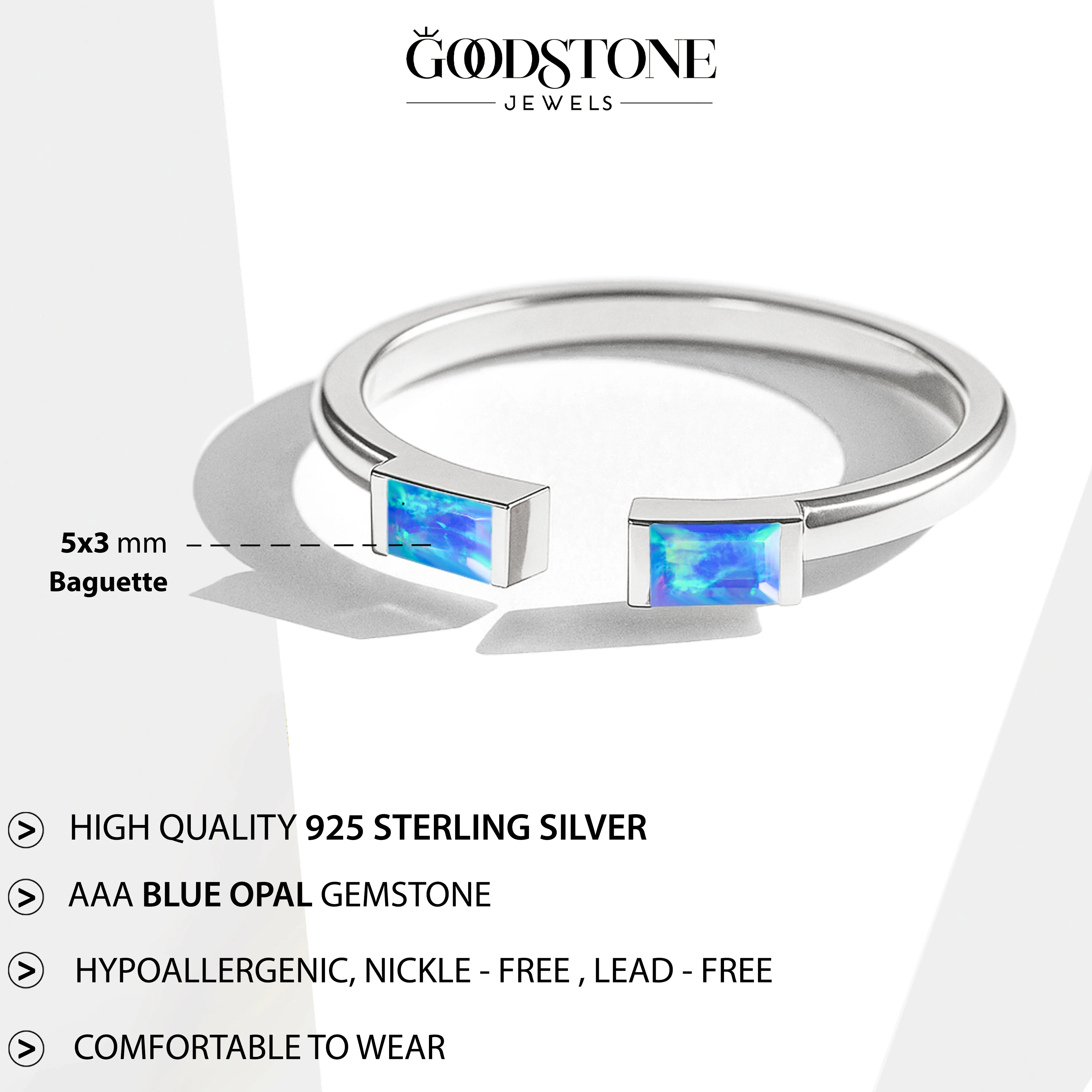 Natural Blue Opal Baguette Open Ring in 925 Sterling Silver 5x2mm 0.50ct - Image 6