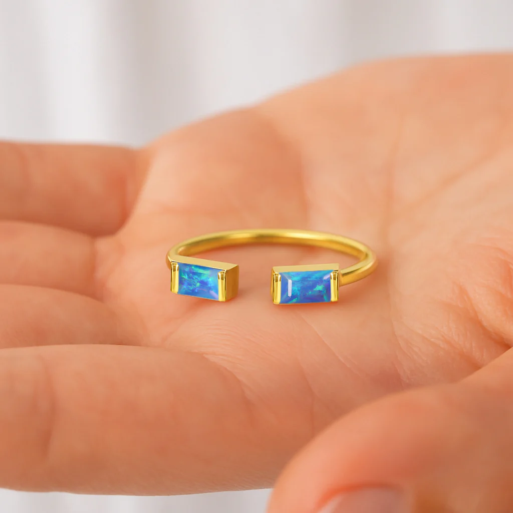 Natural Blue Opal Baguette Open Ring in 925 Sterling Silver 5x2mm 0.50ct - Image 9