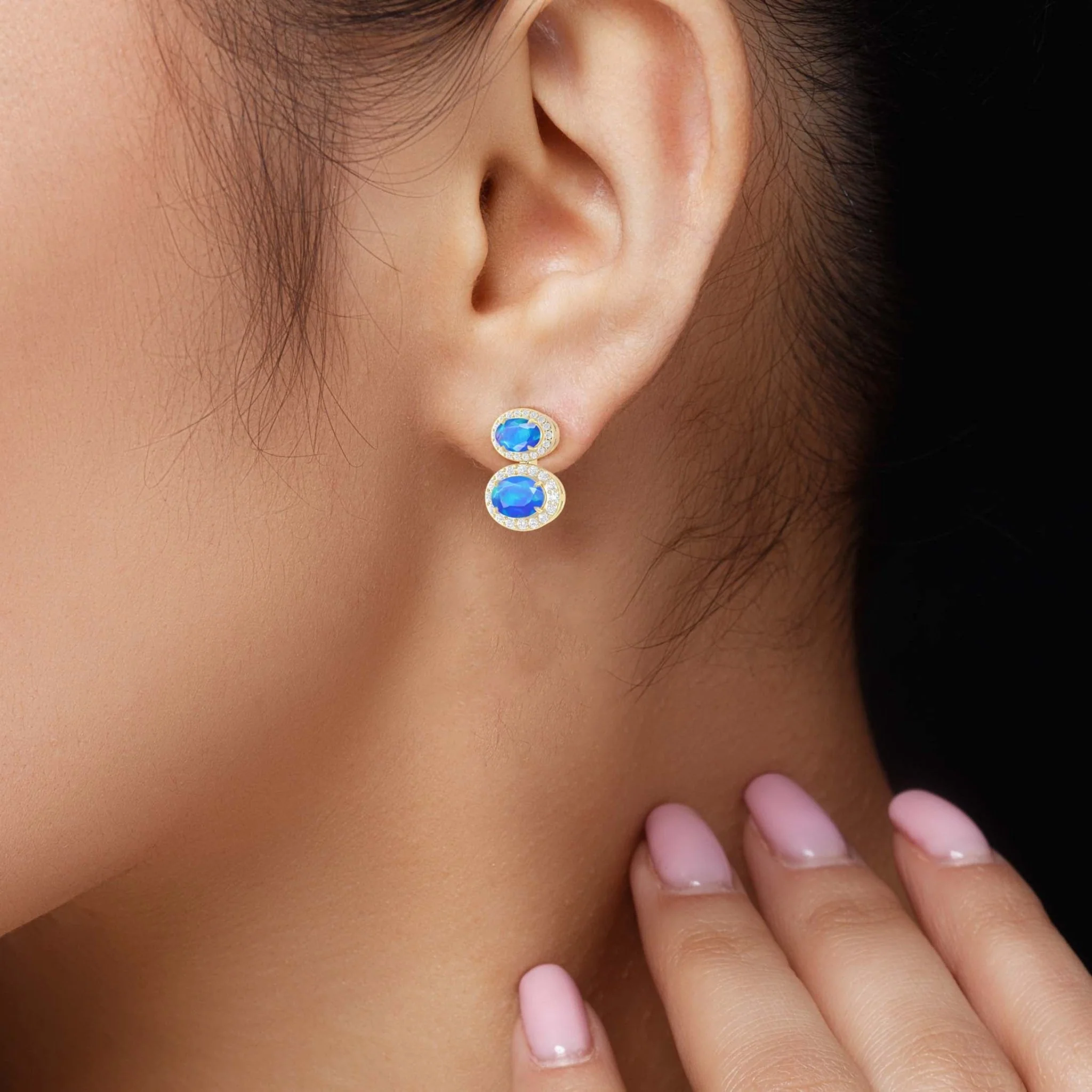 Natural Blue Opal Dual Stone Halo Stud Earrings - Image 3
