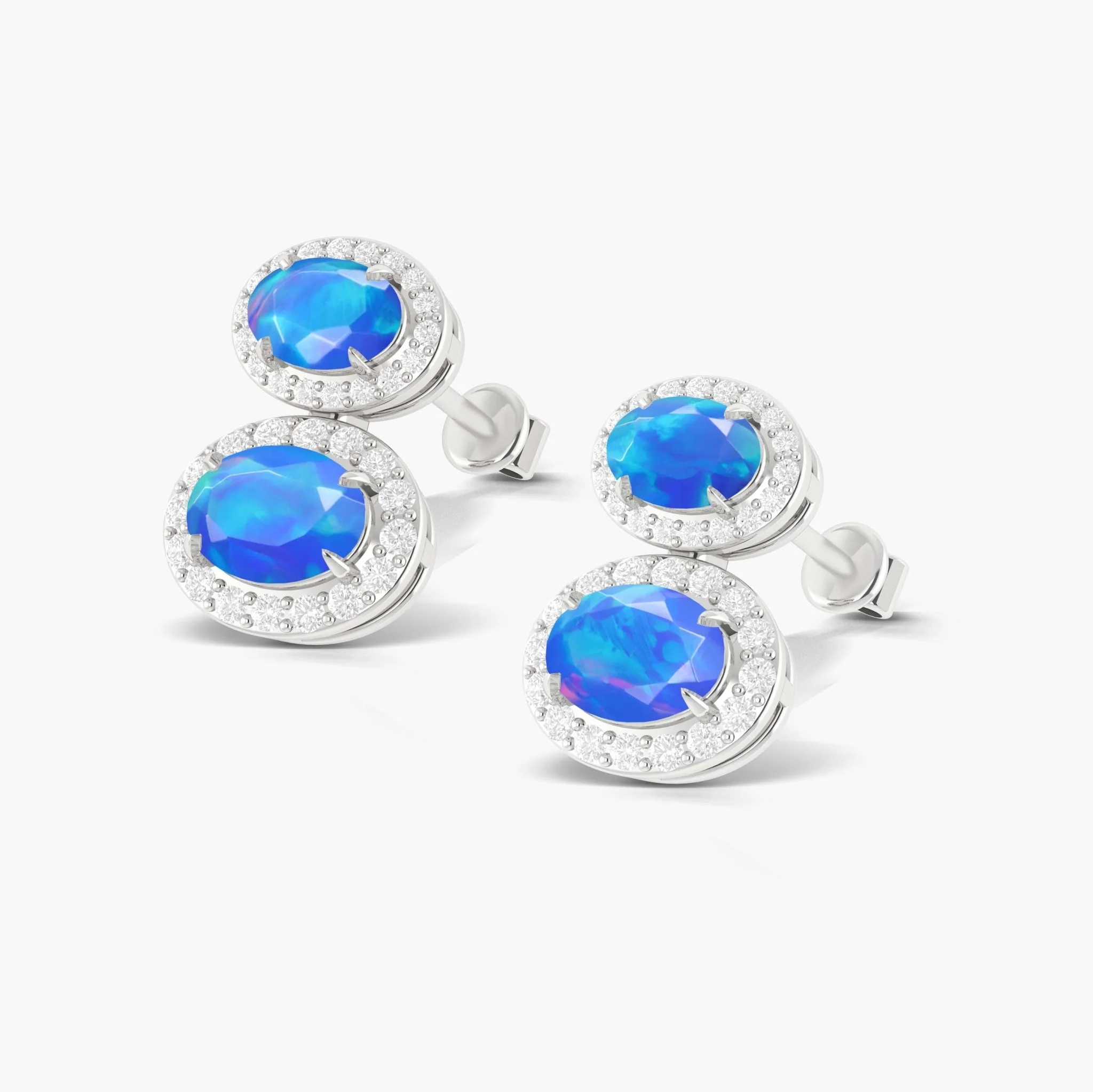 Natural Blue Opal Dual Stone Halo Stud Earrings - Image 4