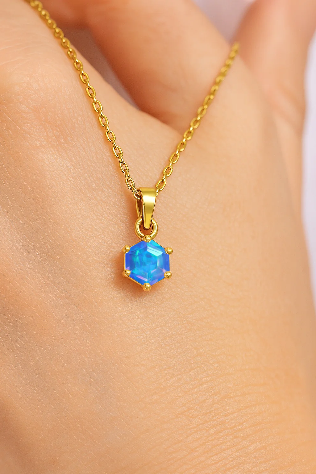 Natural Blue Opal Hexagon Solitaire Pendant Necklace in 925 Sterling Silver 1.20ct - Image 3
