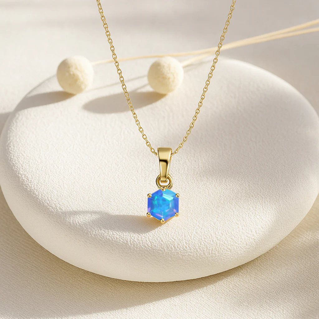 Natural Blue Opal Hexagon Solitaire Pendant Necklace in 925 Sterling Silver 1.20ct - Image 4