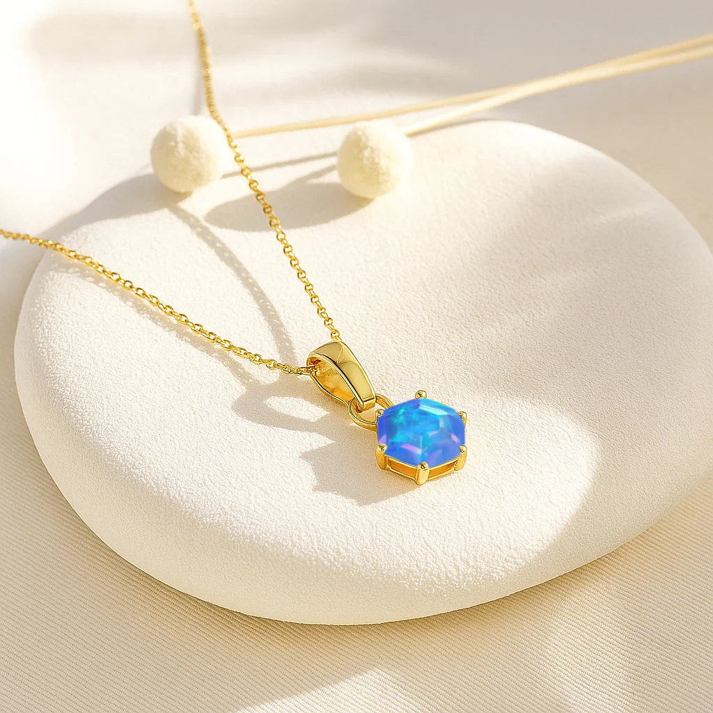 Natural Blue Opal Hexagon Solitaire Pendant Necklace in 925 Sterling Silver 1.20ct - Image 7