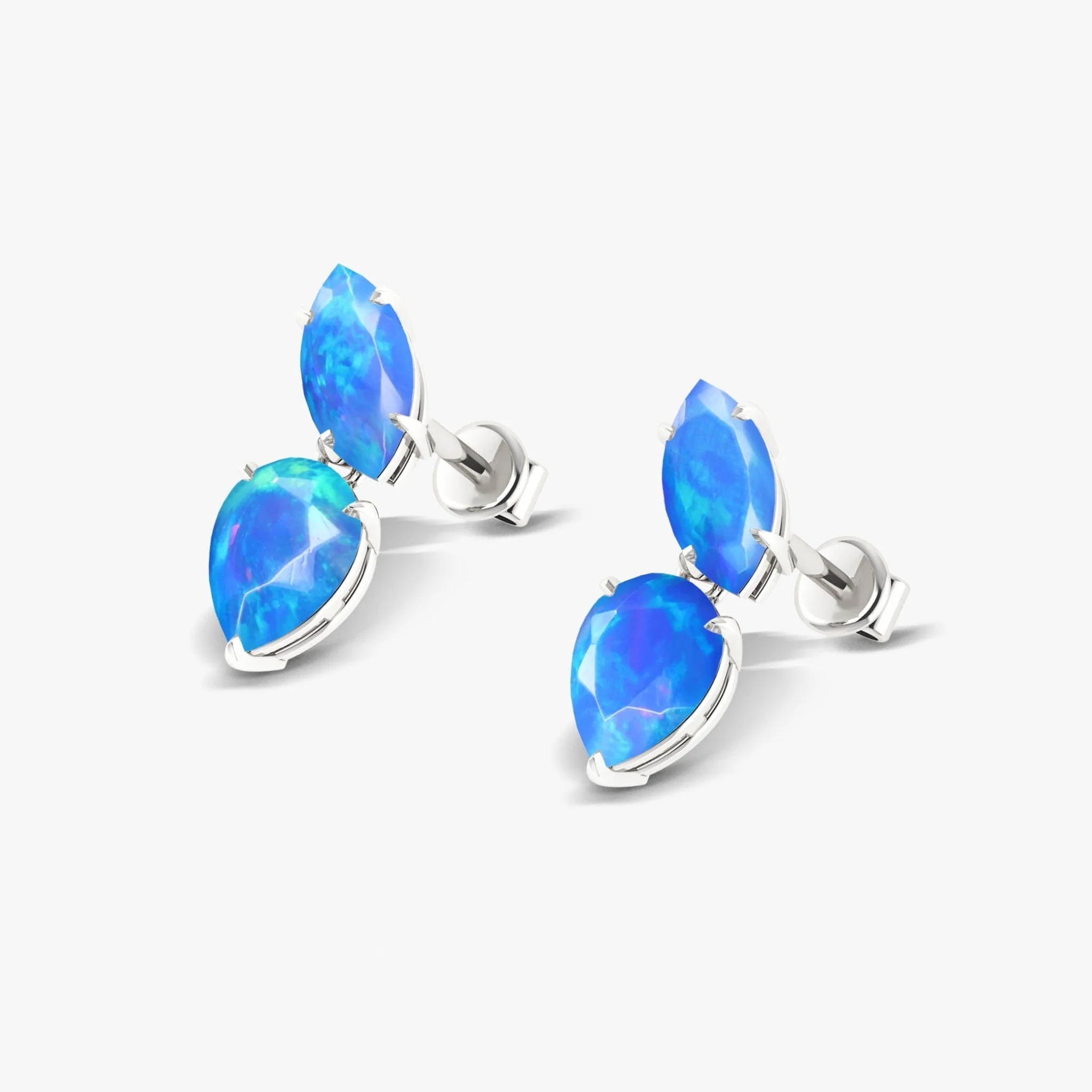 Natural Blue Opal Marquise & Pear Two Stone Stud Earrings - Image 4