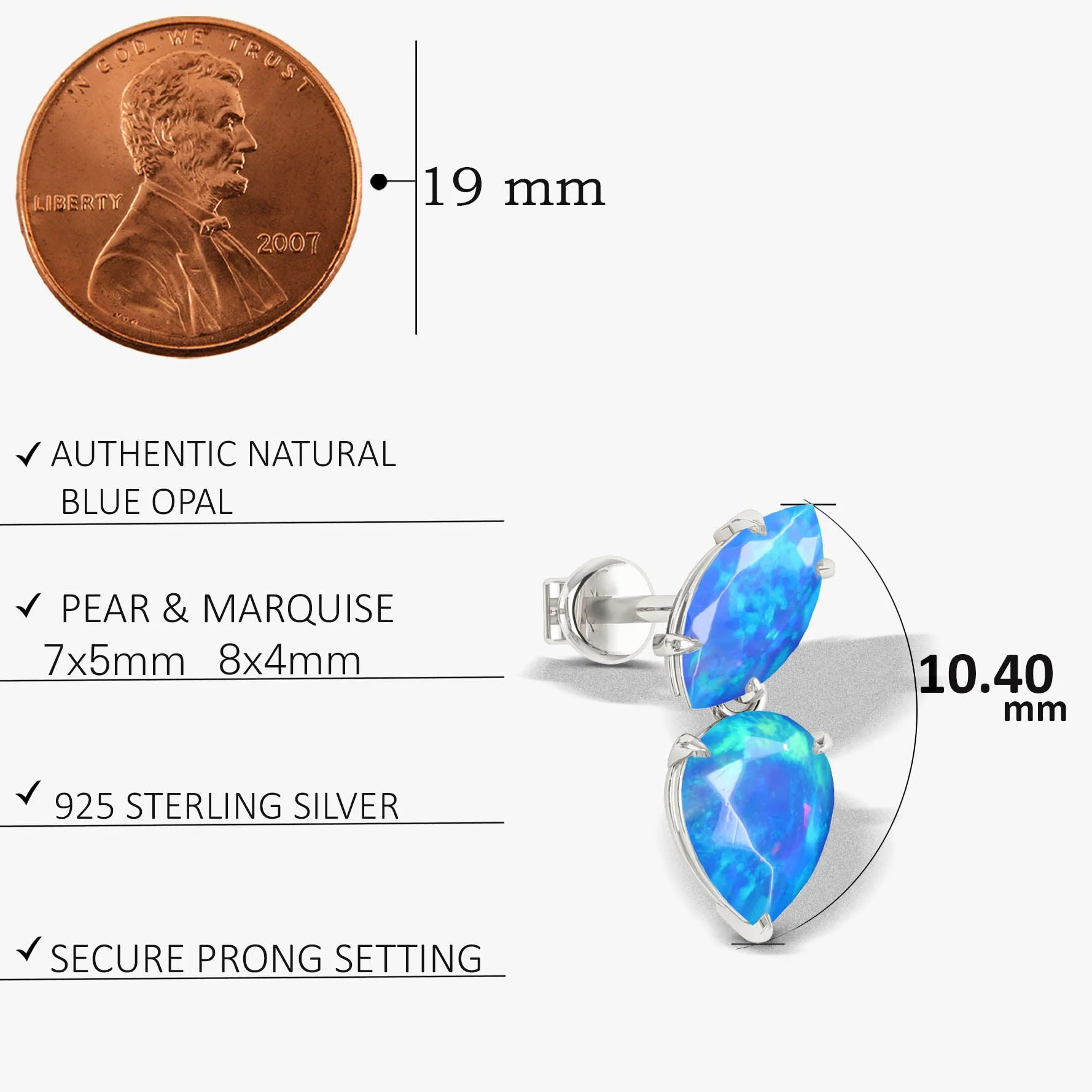 Natural Blue Opal Marquise & Pear Two Stone Stud Earrings - Image 5