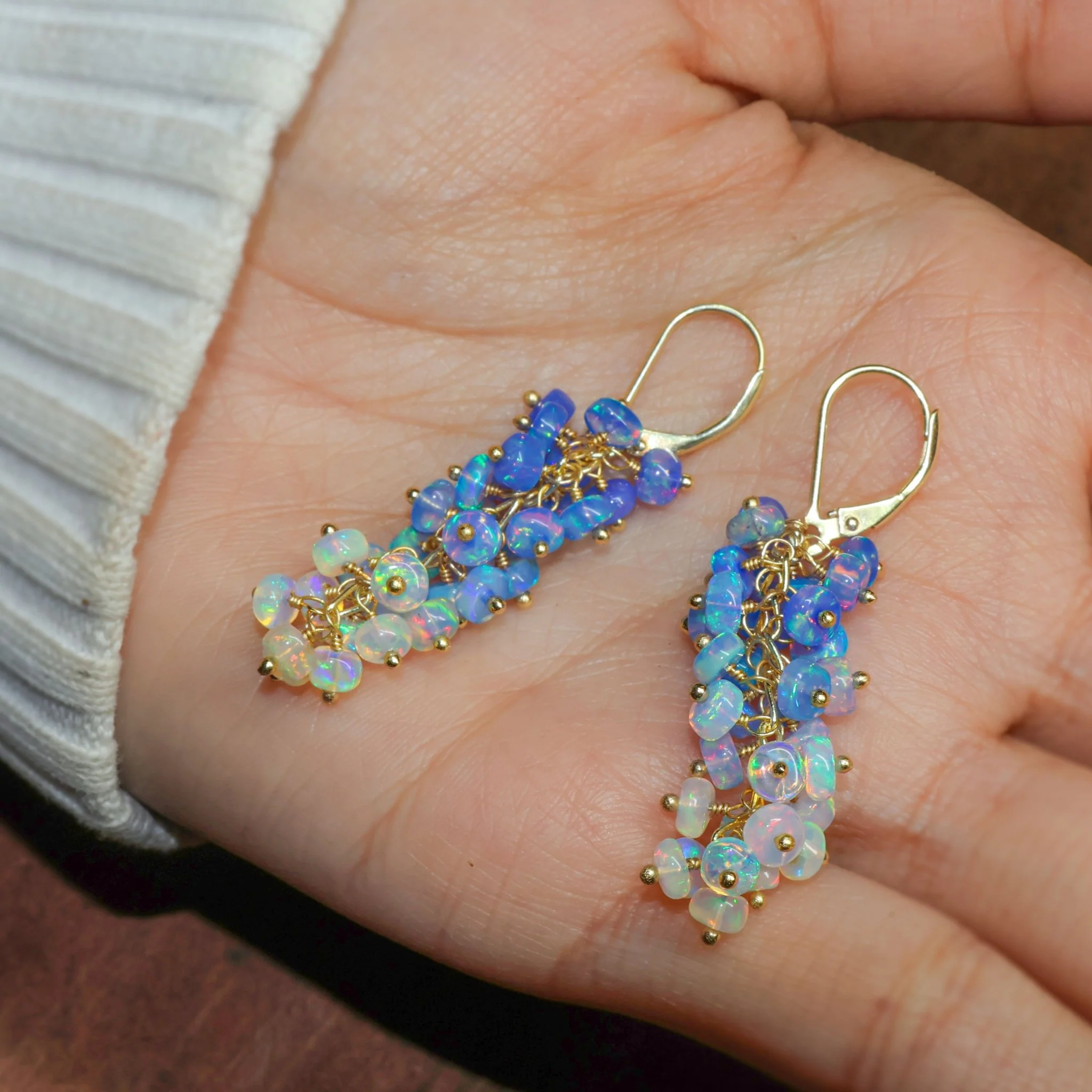 Natural Blue Opal Shaded Beads Cluster Handmade Earrings - Image 3