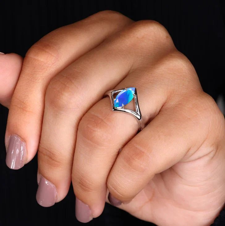 Natural Blue Opal Solitaire Ring 8X4 MM Marquise Cut - Image 4