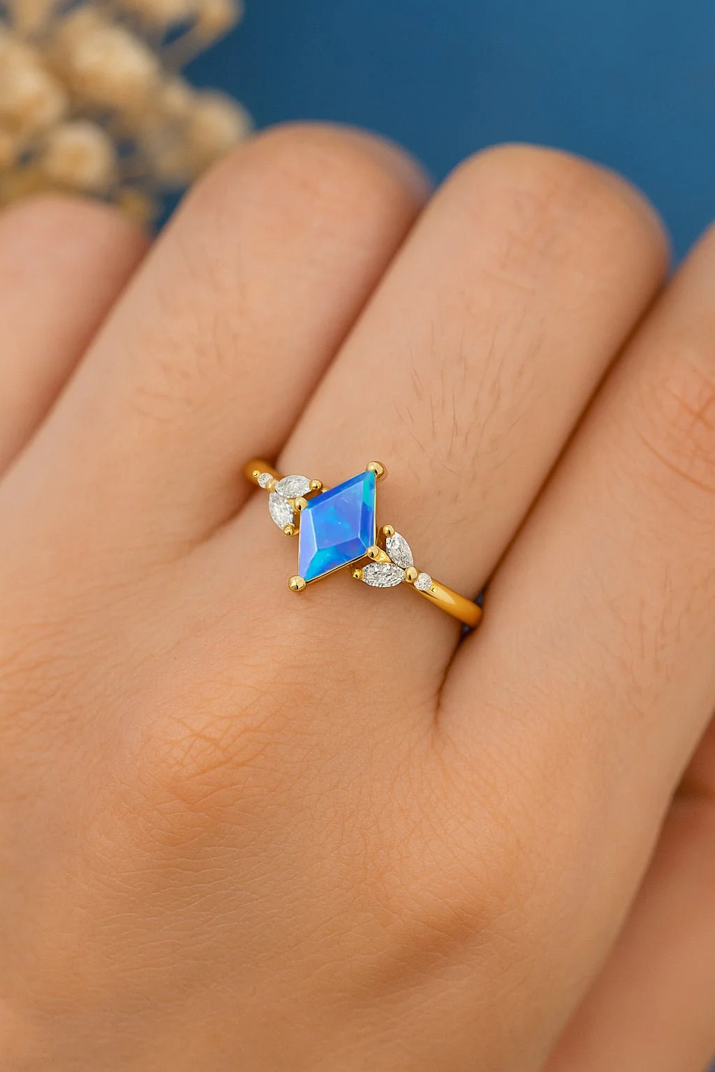 Natural Blue Opal Solitaire Ring with Zircon Stones - Image 2