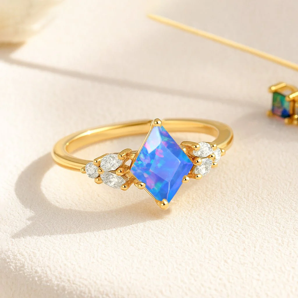 Natural Blue Opal Solitaire Ring with Zircon Stones - Image 5