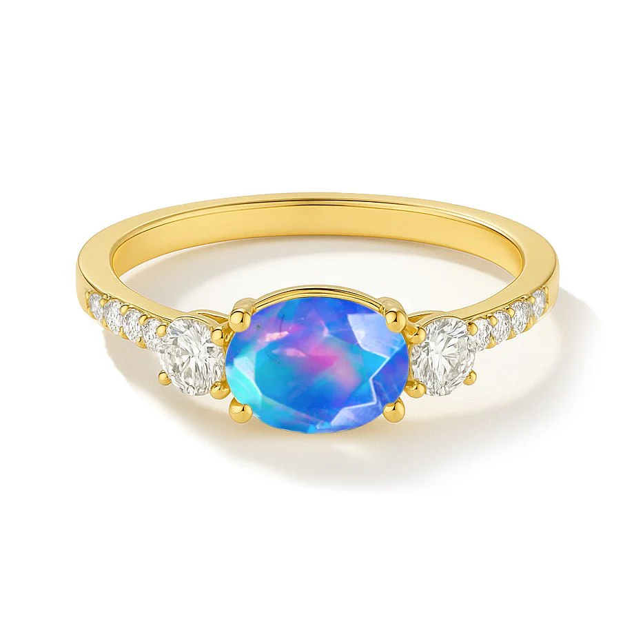 Natural Blue Opal Three Stone Birthstone Ring