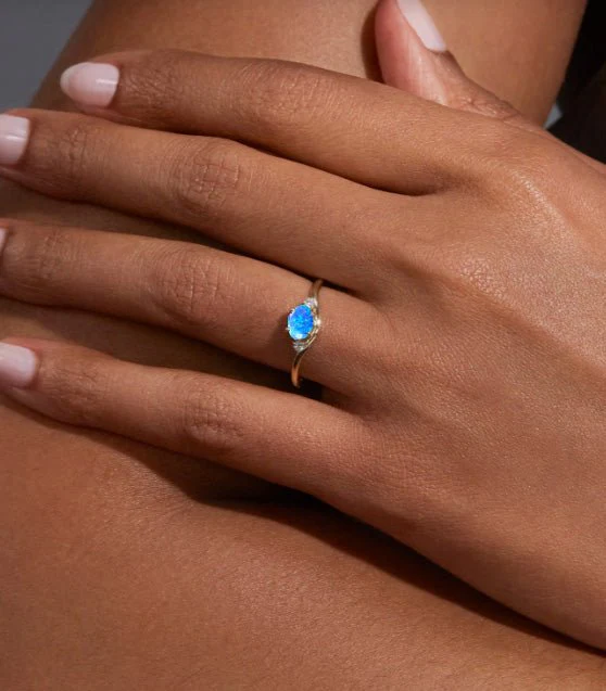 Natural Blue Opal Three Stone Ring with 7x5 MM Stones - Image 3