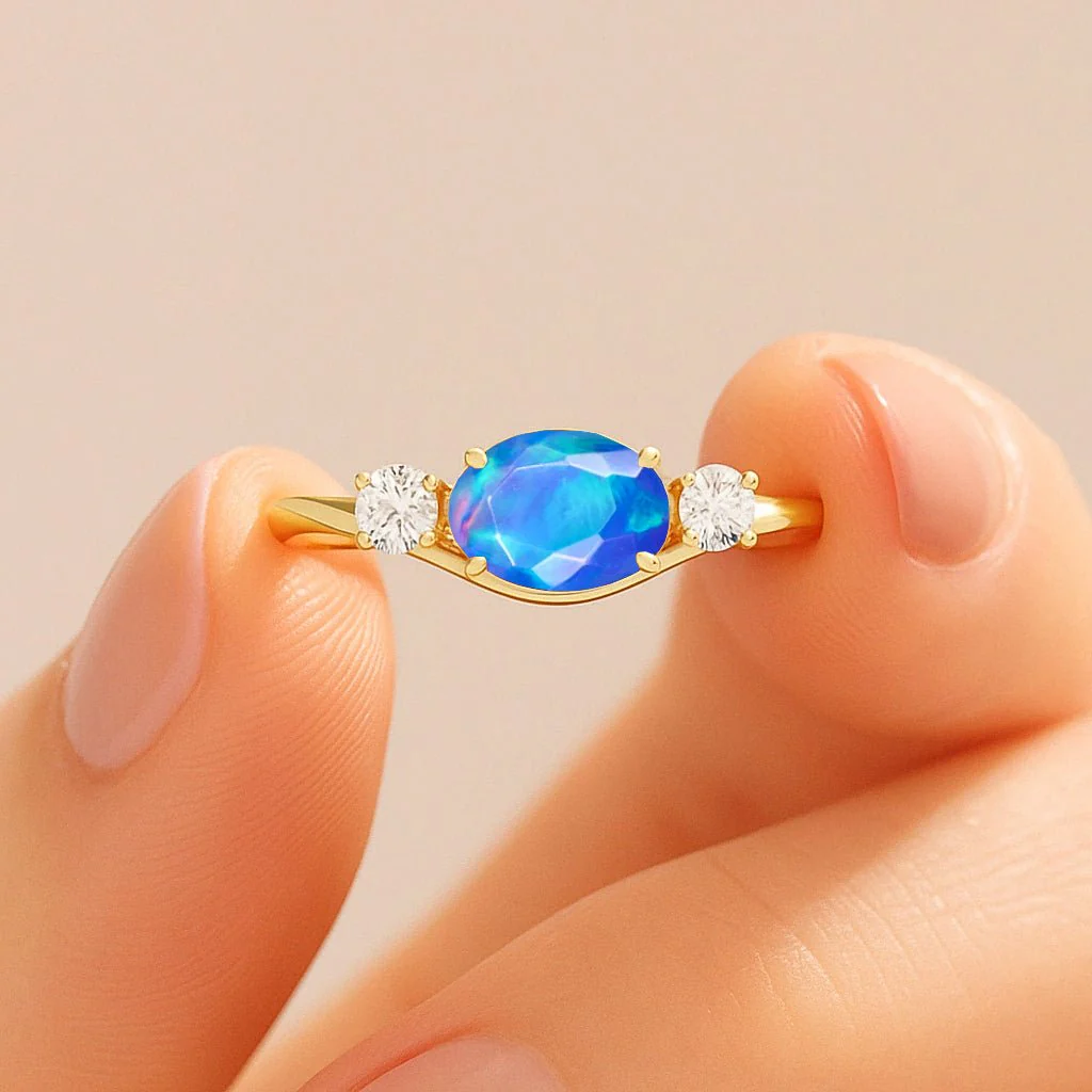 Natural Blue Opal Three Stone Ring with 7x5 MM Stones - Image 4