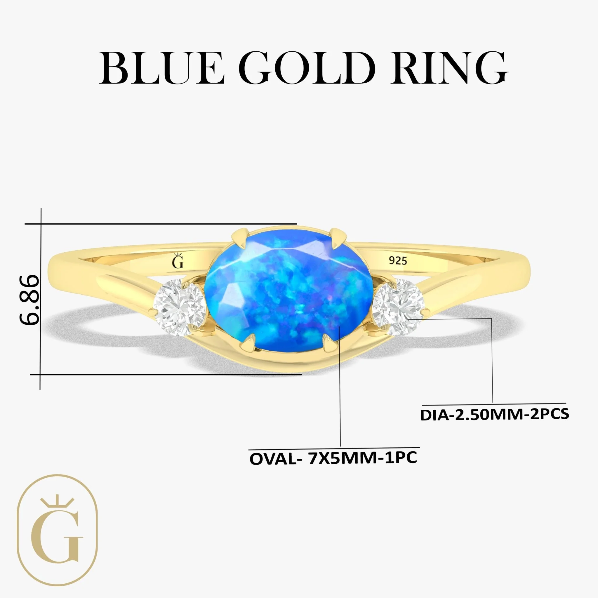Natural Blue Opal Three Stone Ring with 7x5 MM Stones - Image 7