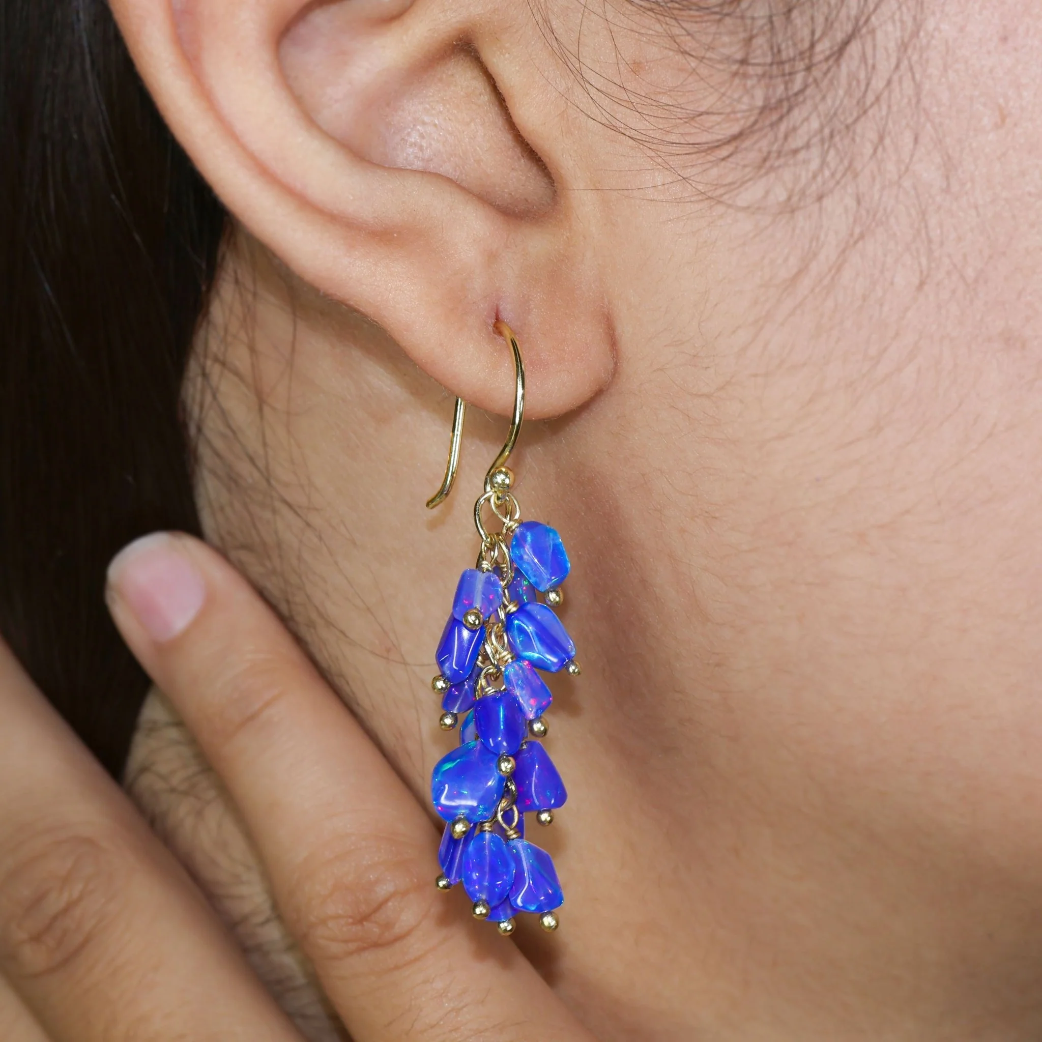 Natural Blue Opal Tumble Shape Beaded Cluster Earrings - Image 2
