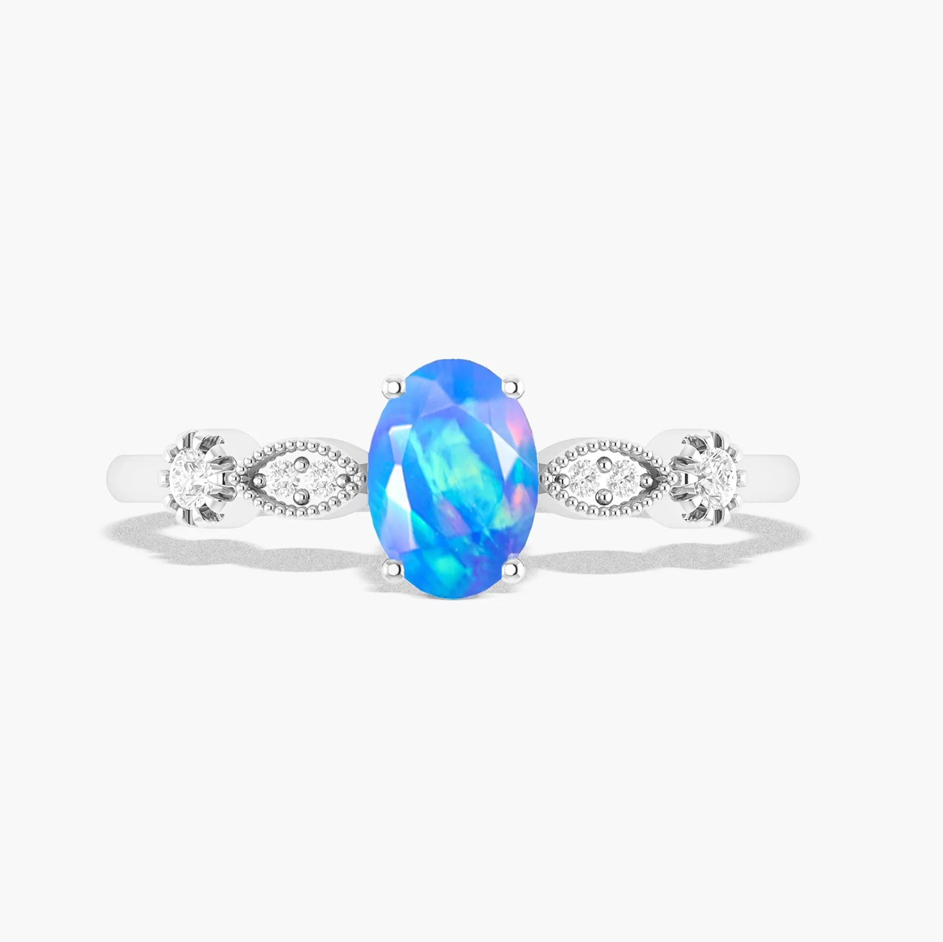 Natural Blue Opal with White Zircon Side Stone Solitaire Ring