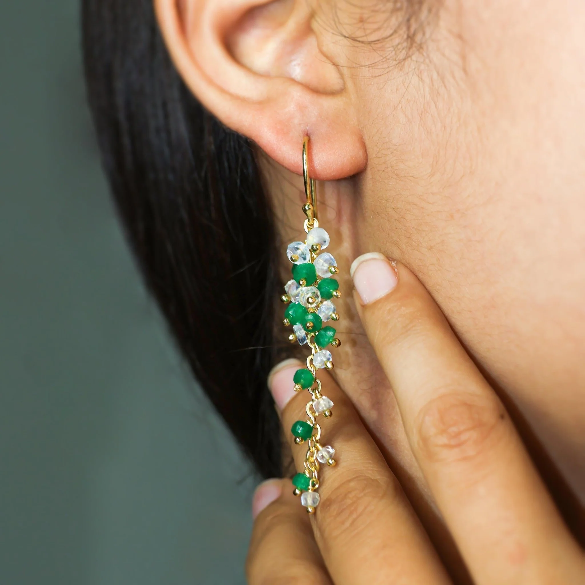 Natural Emerald and Moonstone Beaded Long Cluster Dangle Earrings - Image 3