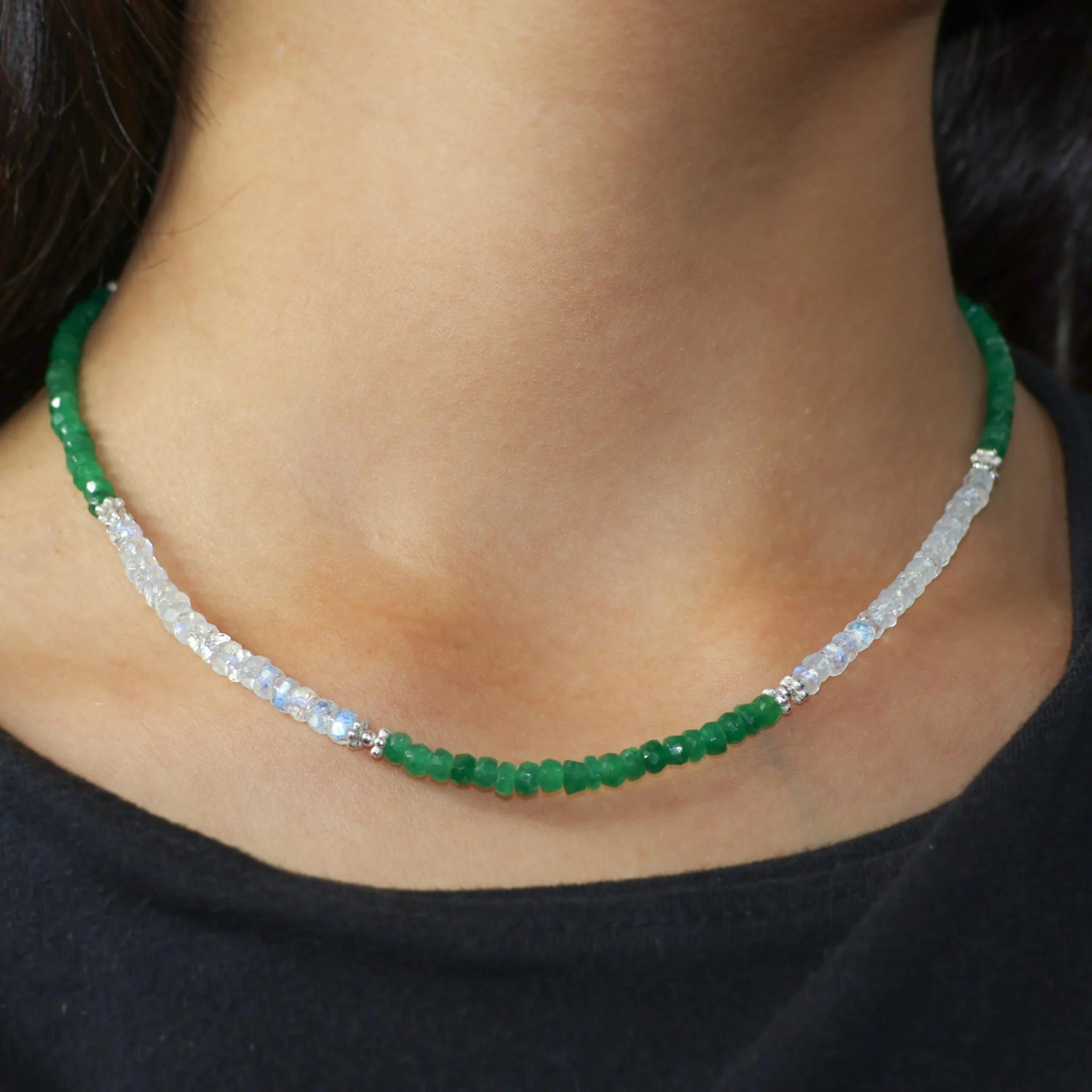 Natural Emerald with Rainbow Moonstone Beads Necklace - Image 4